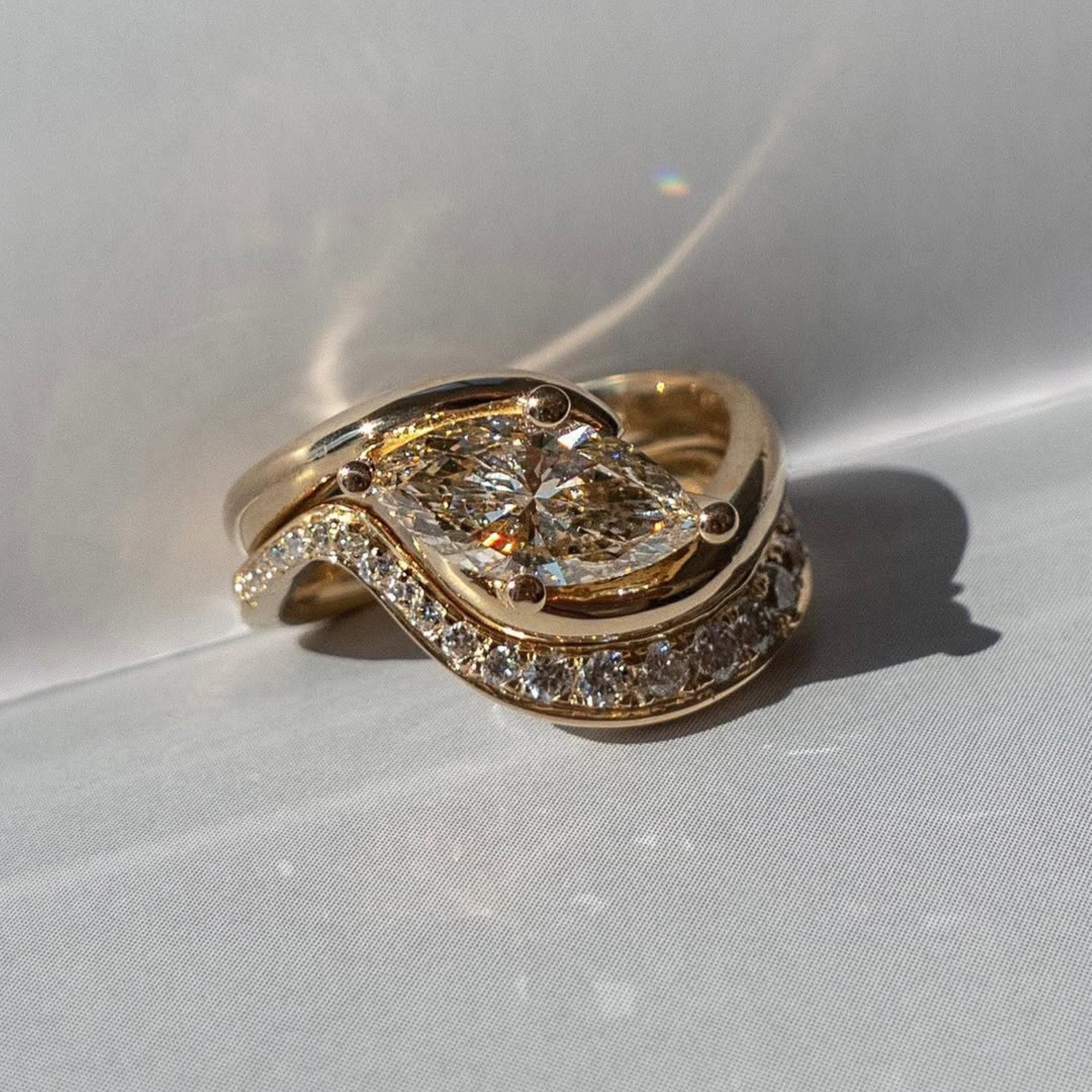 Marquise East West Lab Grown Engagement Ring Set Gold Wedding Bridal Set