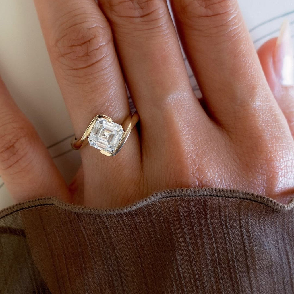 Asscher Cut Moissanite Engagement Ring Half Bezel East West Wedding Ring