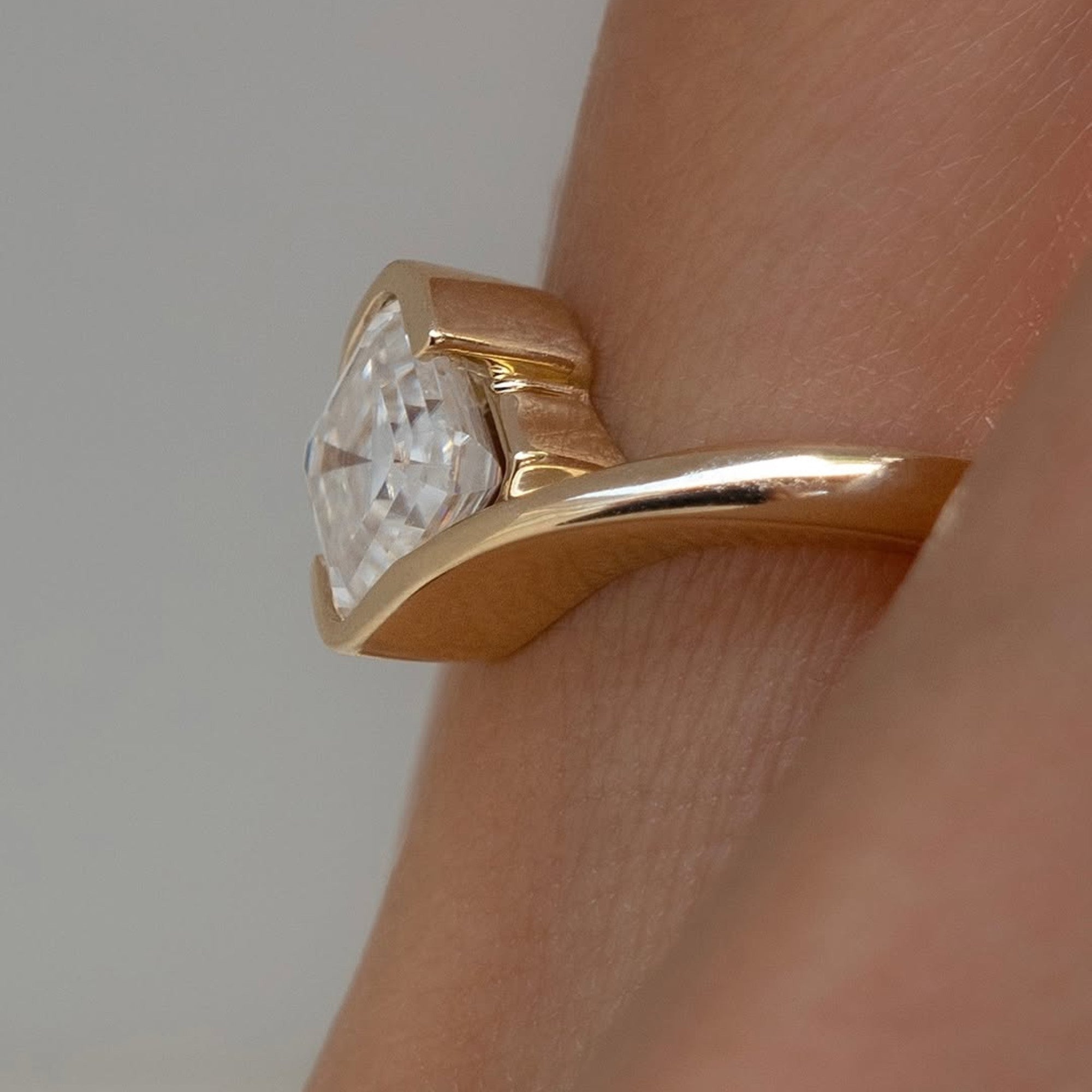 Asscher Cut Moissanite Engagement Ring Half Bezel East West Wedding Ring