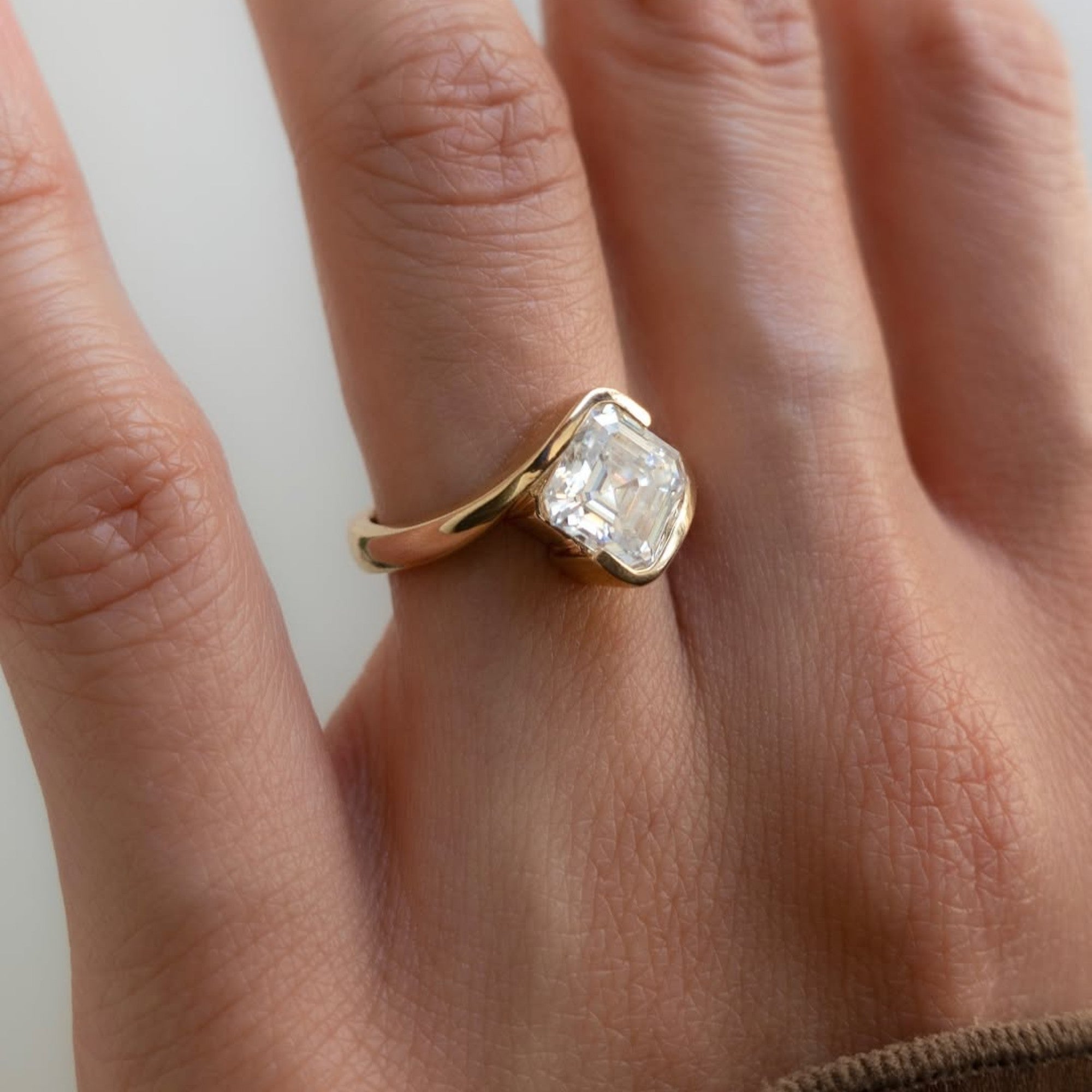 Asscher Cut Moissanite Engagement Ring Half Bezel East West Wedding Ring