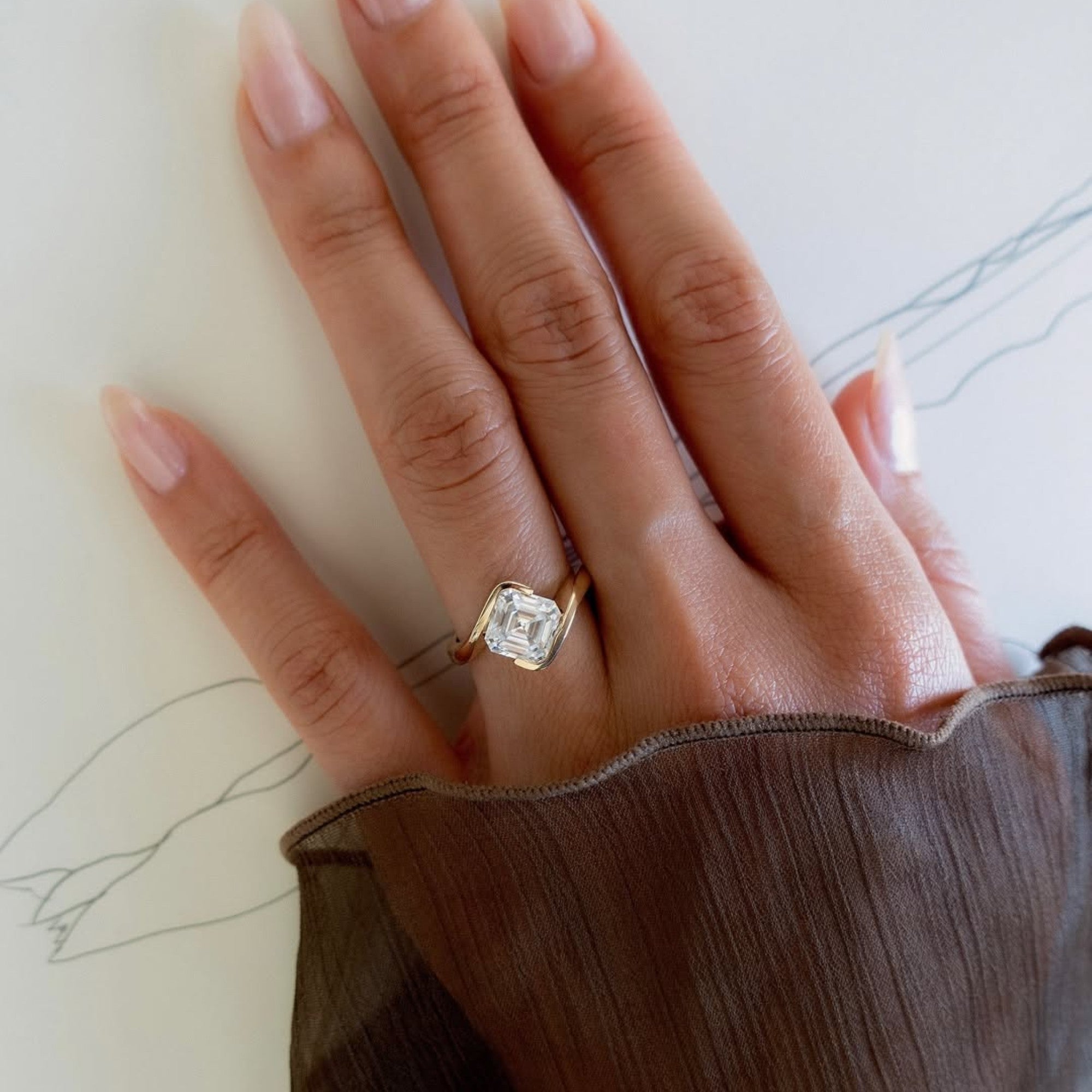 Asscher Cut Moissanite Engagement Ring Half Bezel East West Wedding Ring
