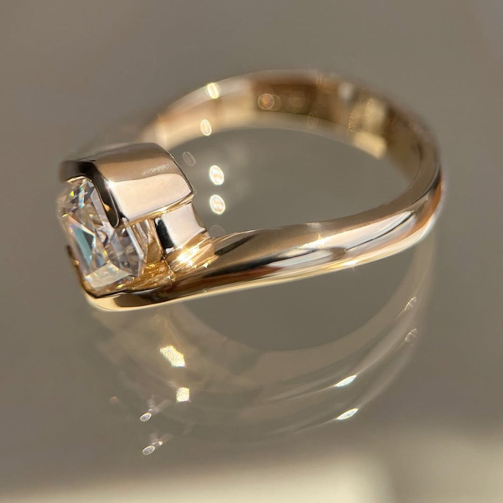 Asscher Cut Moissanite Engagement Ring Half Bezel East West Wedding Ring