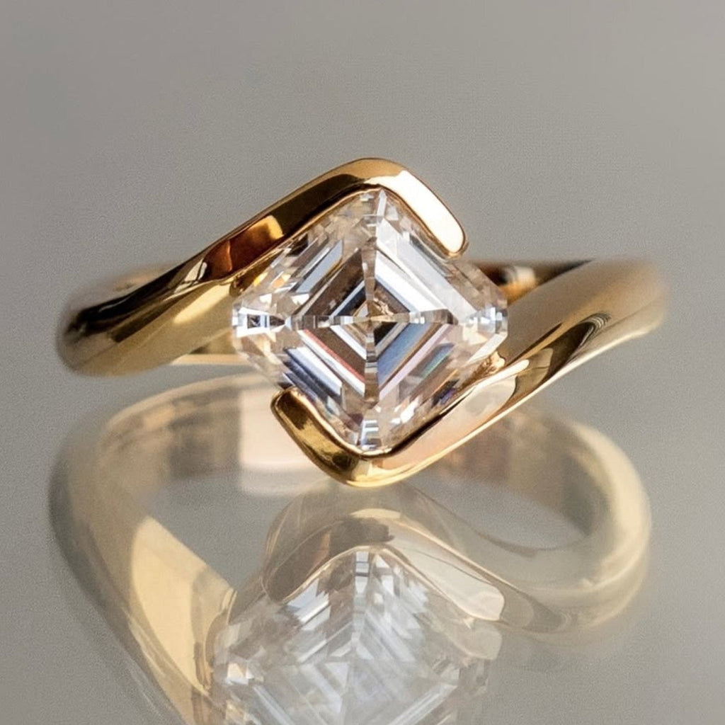 Asscher Cut Moissanite Engagement Ring Half Bezel East West Wedding Ring