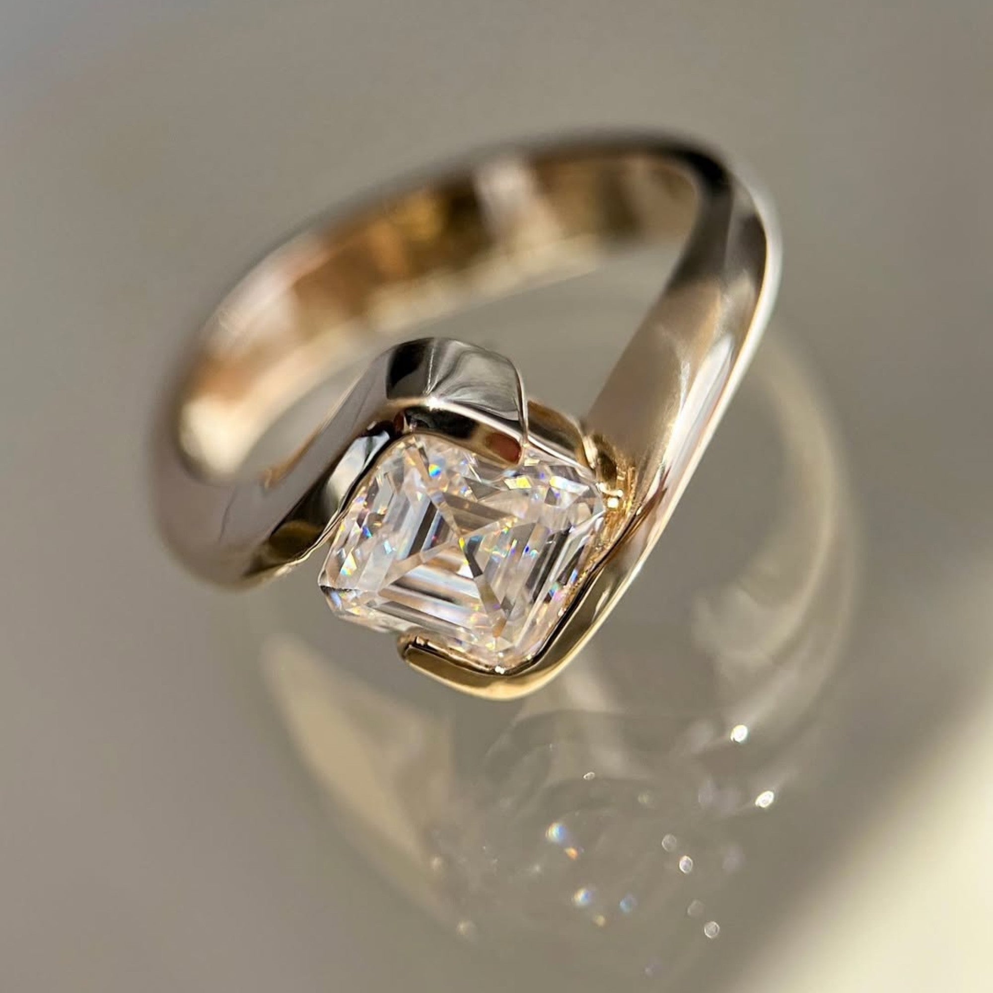 Asscher Cut Moissanite Engagement Ring Half Bezel East West Wedding Ring