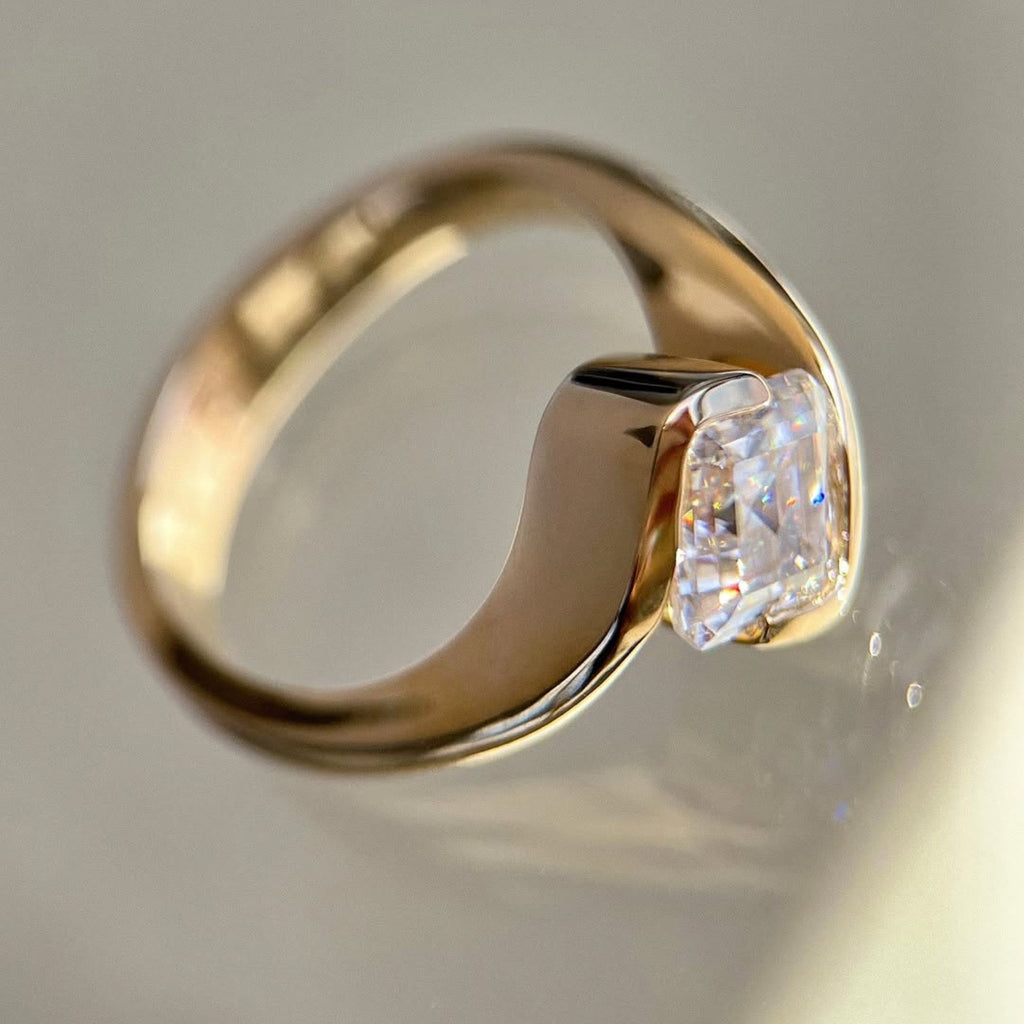 Asscher Cut Moissanite Engagement Ring Half Bezel East West Wedding Ring