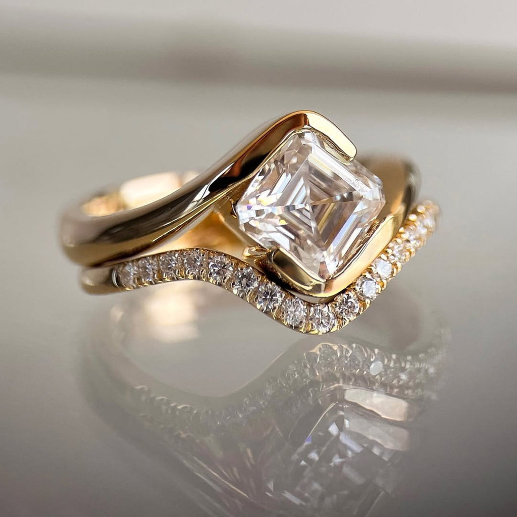 Asscher Moissanite Engagement Ring Set East West Half Bezel Wedding Bridal Set