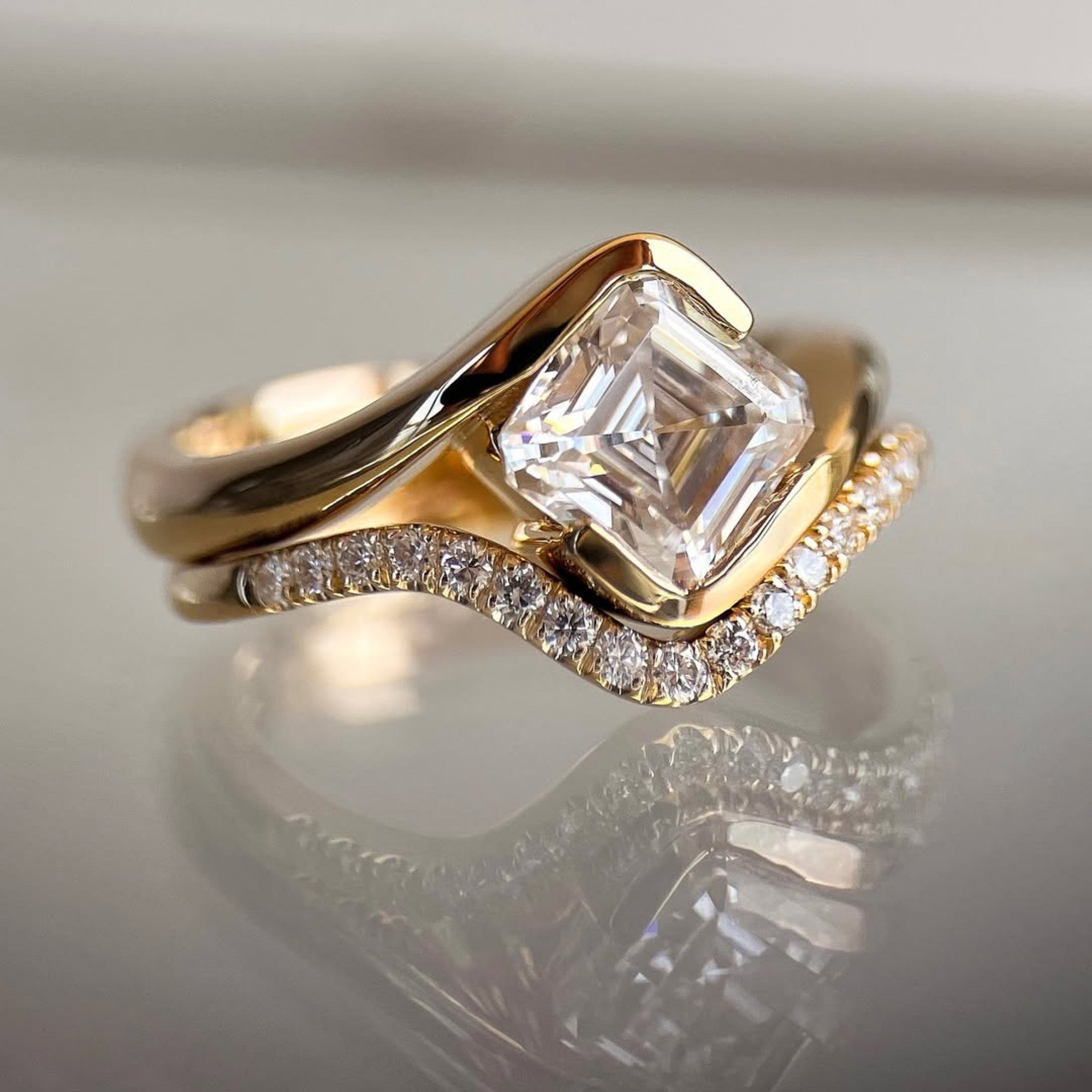 Asscher Moissanite Engagement Ring Set East West Half Bezel Wedding Bridal Set