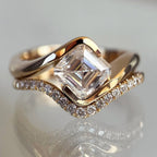 Asscher Moissanite Engagement Ring Set East West Half Bezel Wedding Bridal Set