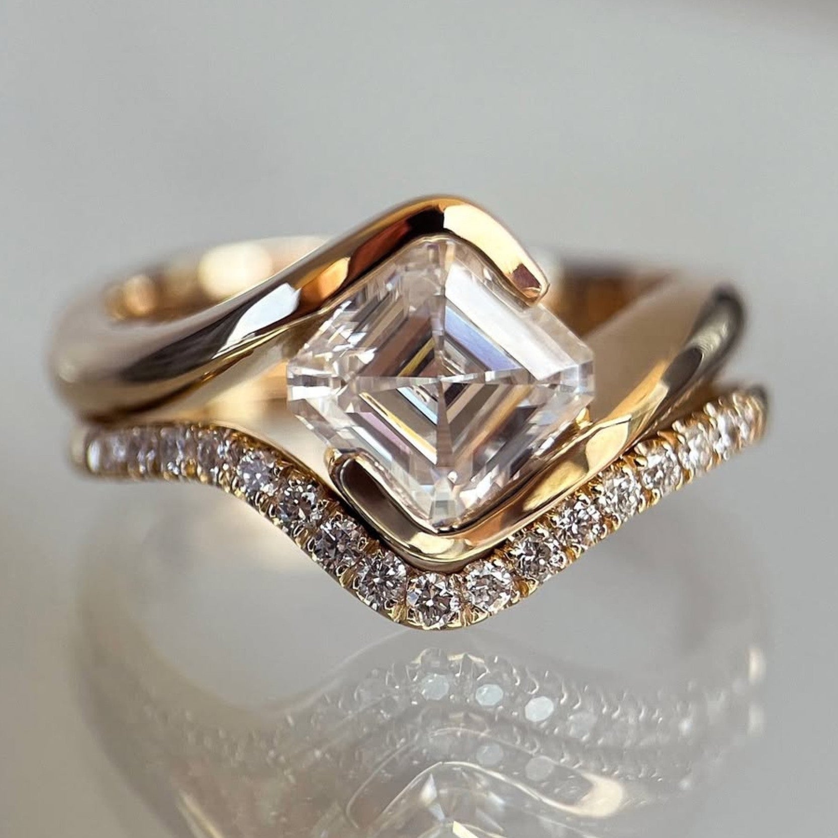 Asscher Moissanite Engagement Ring Set East West Half Bezel Wedding Bridal Set