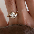Asscher Moissanite Engagement Ring Set East West Half Bezel Wedding Bridal Set