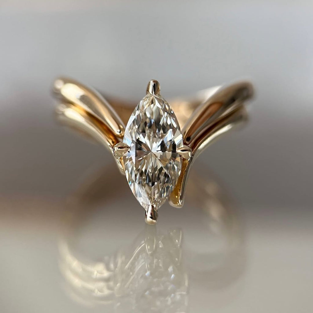 Marquise Cut Moissanite Engagement Ring Set Curve Band Wedding Bridal Set