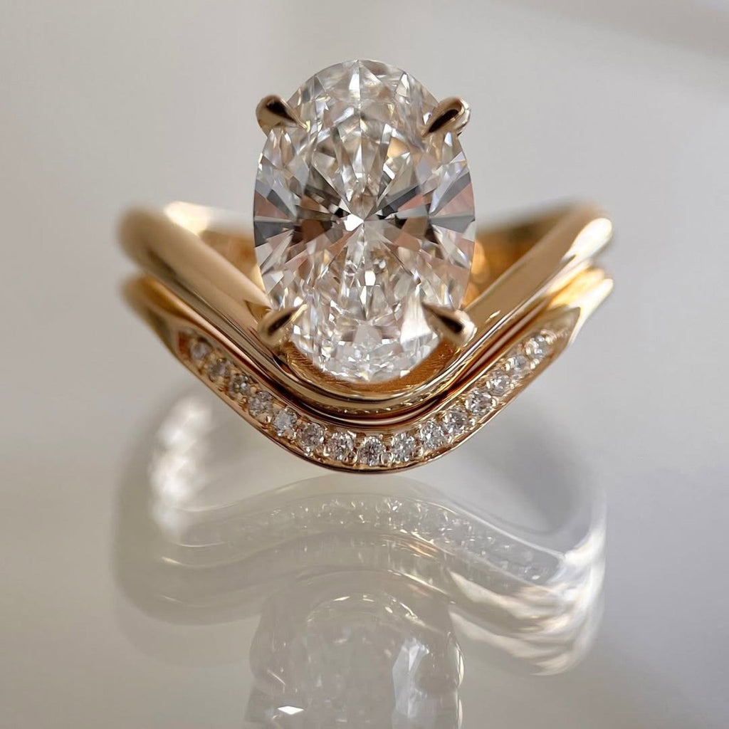 Oval Cut Lab Grown Engagement Bridal Set Curve Band Wedding Ring Set