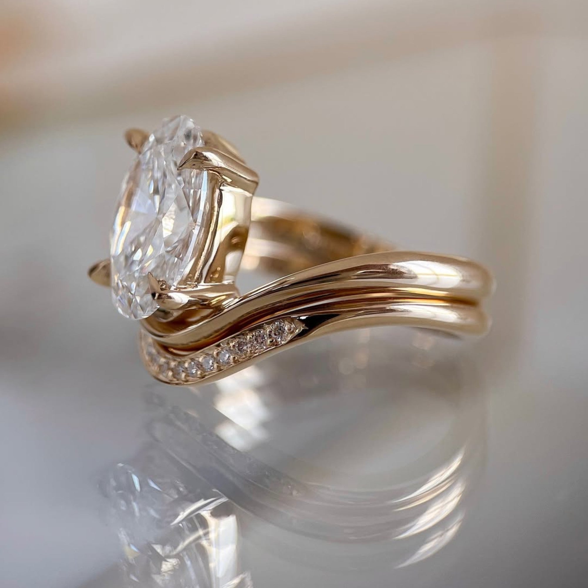 Oval Cut Lab Grown Engagement Bridal Set Curve Band Wedding Ring Set