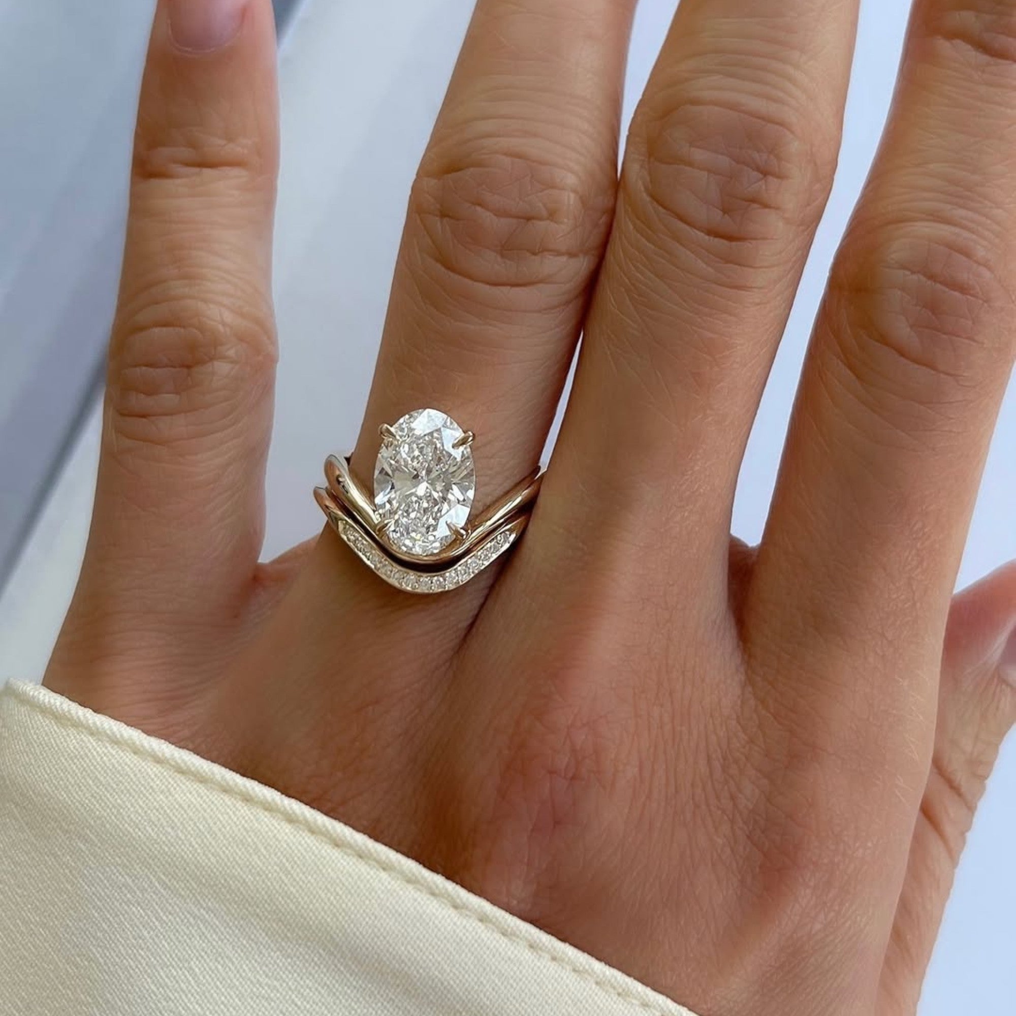 Oval Cut Lab Grown Engagement Bridal Set Curve Band Wedding Ring Set