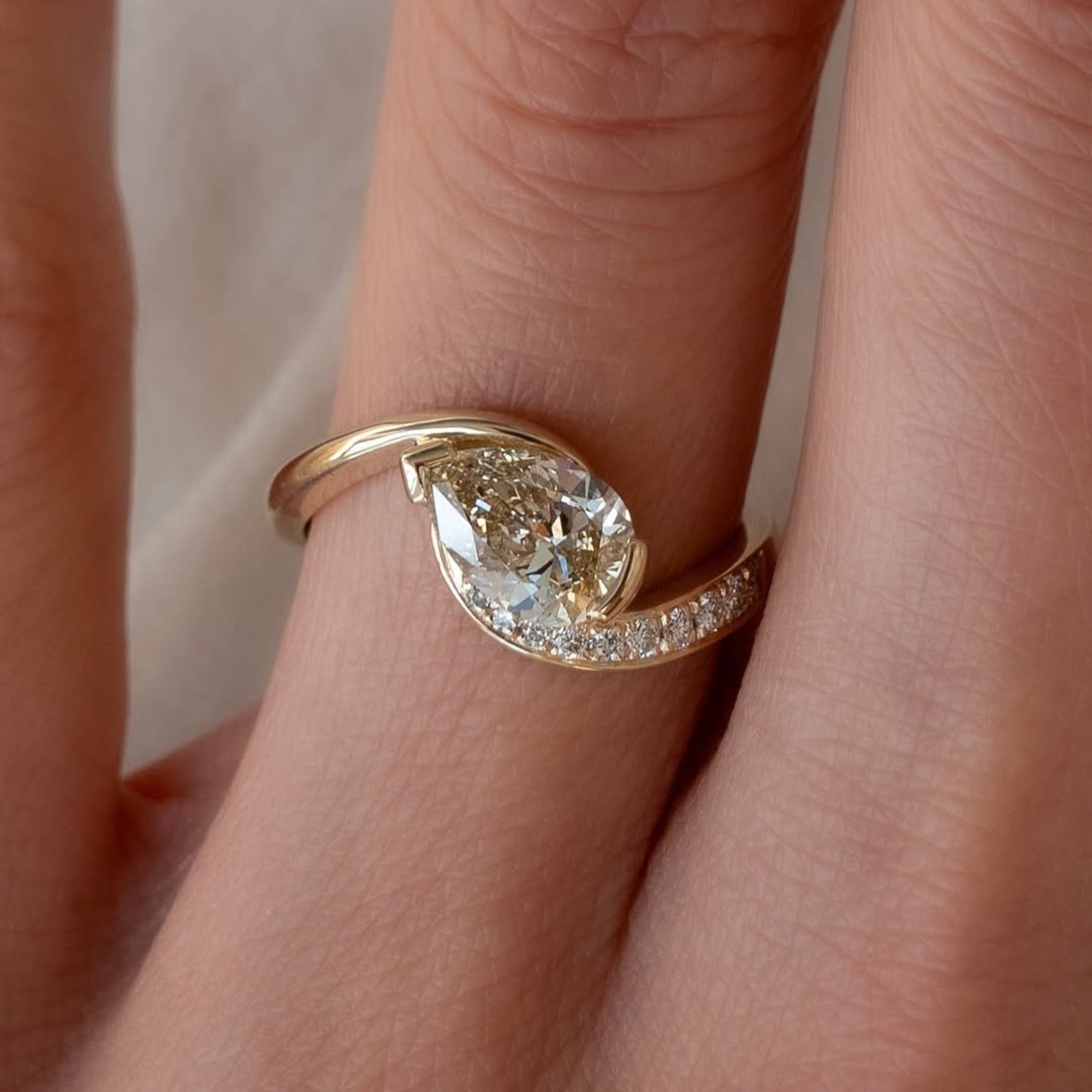 Light Brown Pear Lab Grown Engagement Ring V Prong East West Wedding Ring