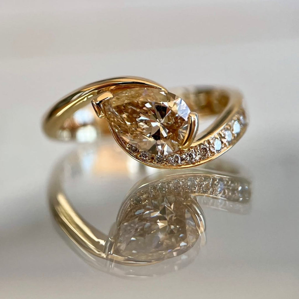 Light Brown Pear Moissanite Engagement Ring V Prong East West Wedding Ring