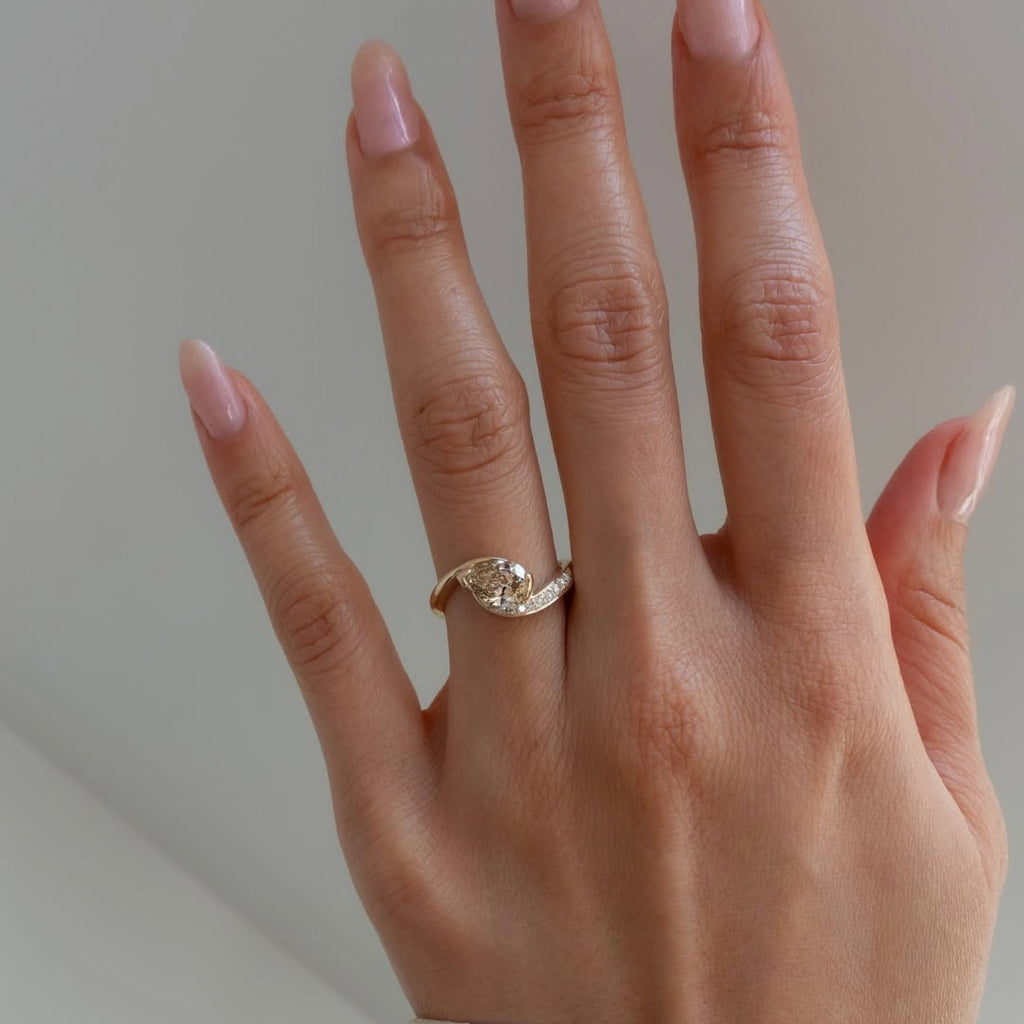 Light Brown Pear Moissanite Engagement Ring V Prong East West Wedding Ring