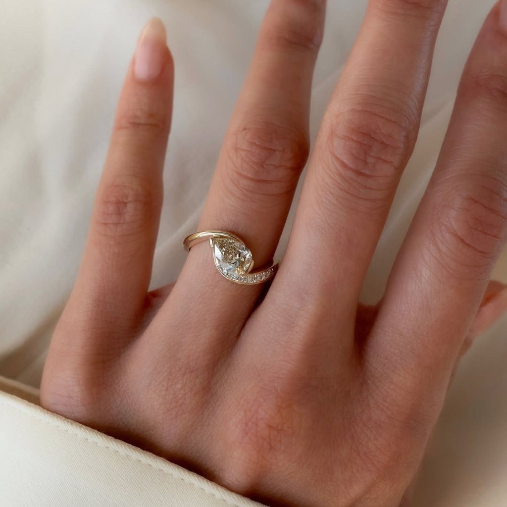 Light Brown Pear Moissanite Engagement Ring V Prong East West Wedding Ring