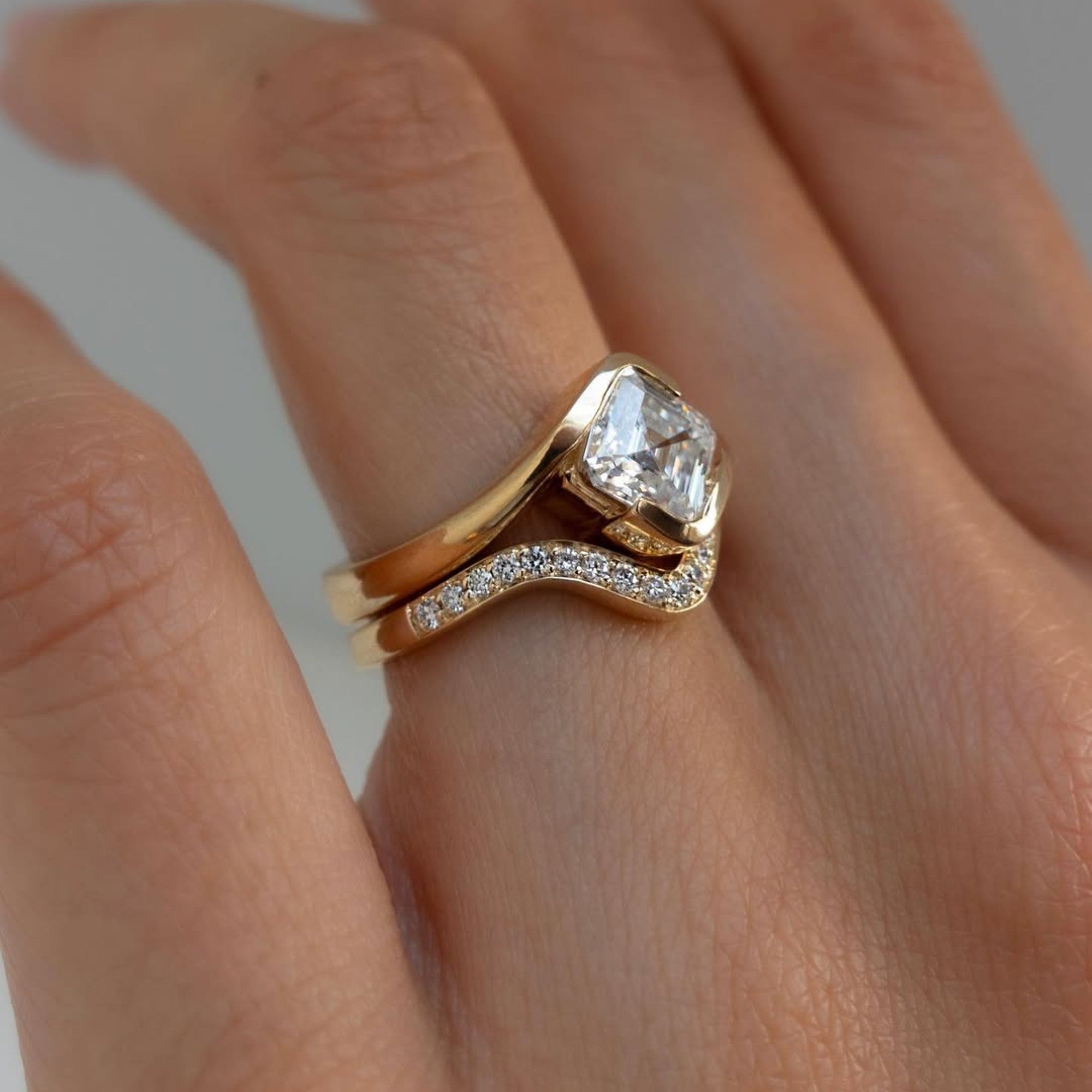 Asscher Moissanite Engagement Ring Set East West Half Bezel Wedding Bridal Set