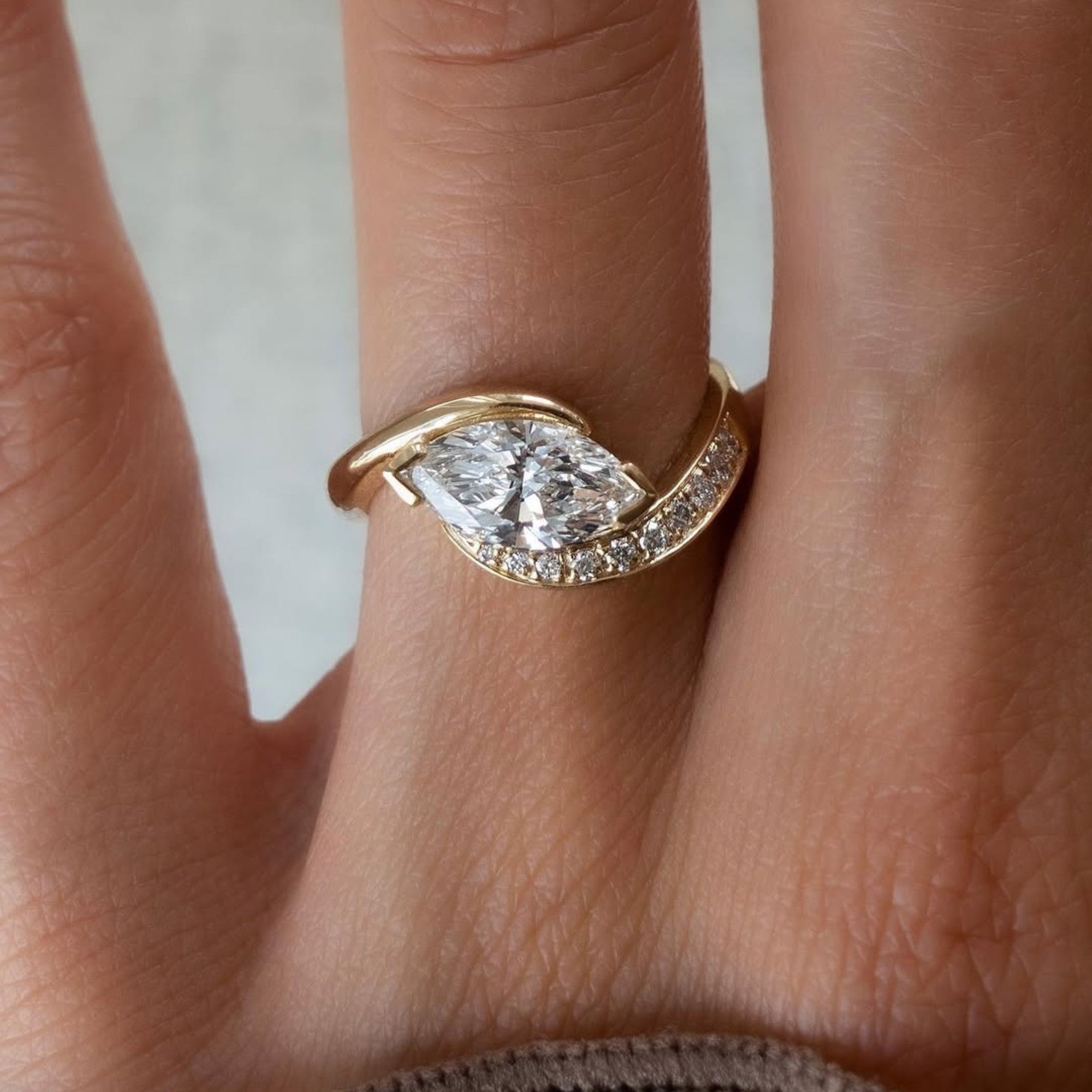 East West Marquise Moissanite Engagement Ring V Prong Wedding Ring