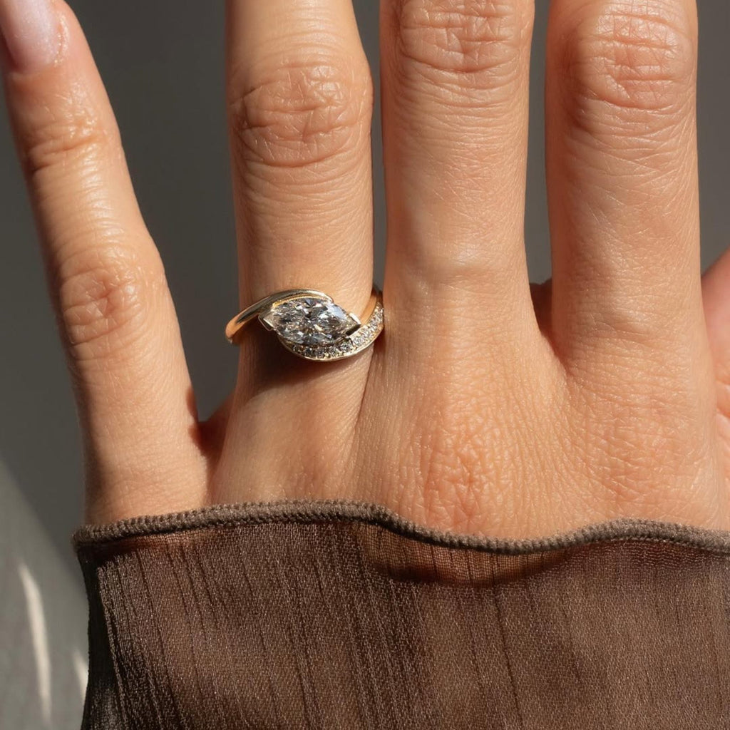 East West Marquise Moissanite Engagement Ring V Prong Wedding Ring