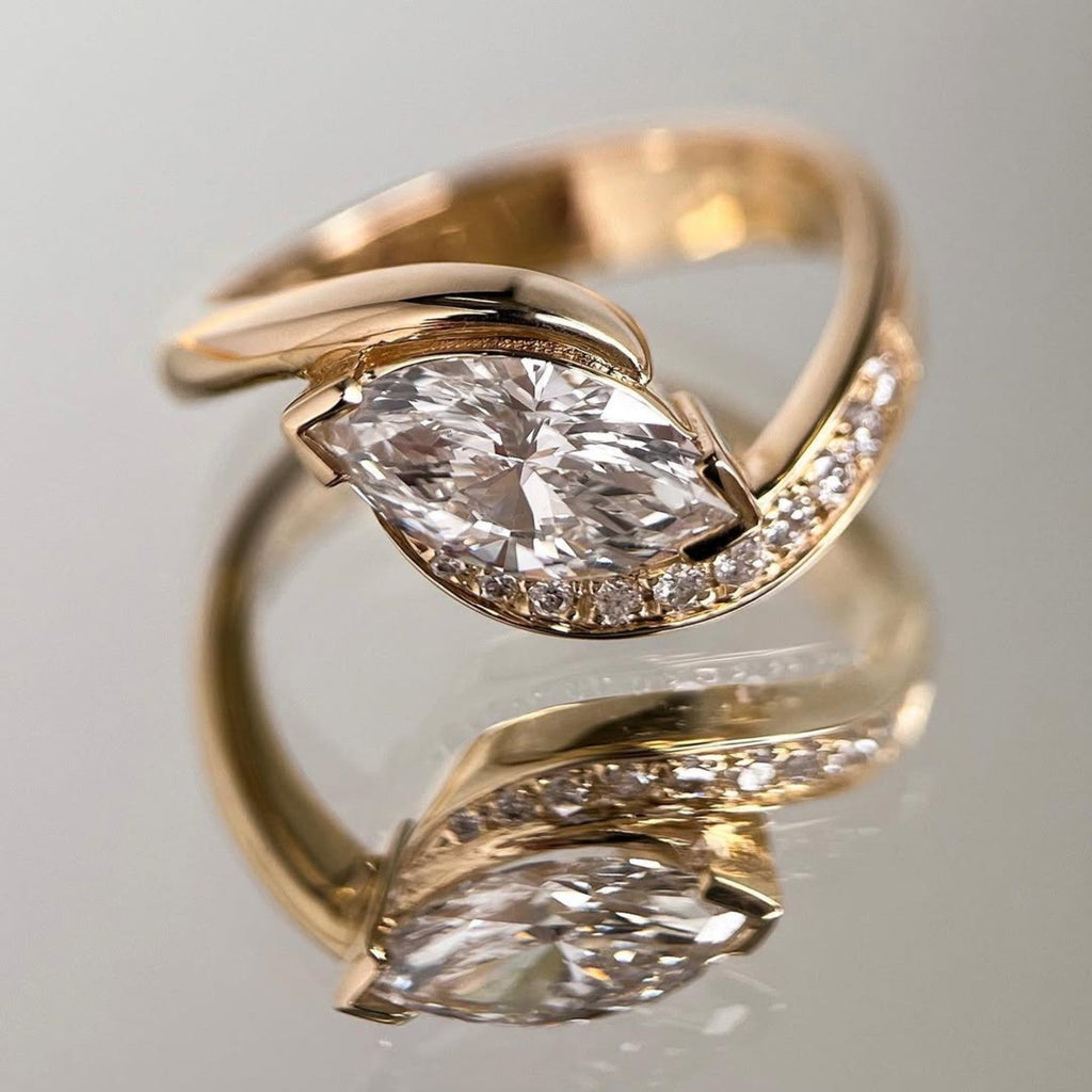 East West Marquise Moissanite Engagement Ring V Prong Wedding Ring