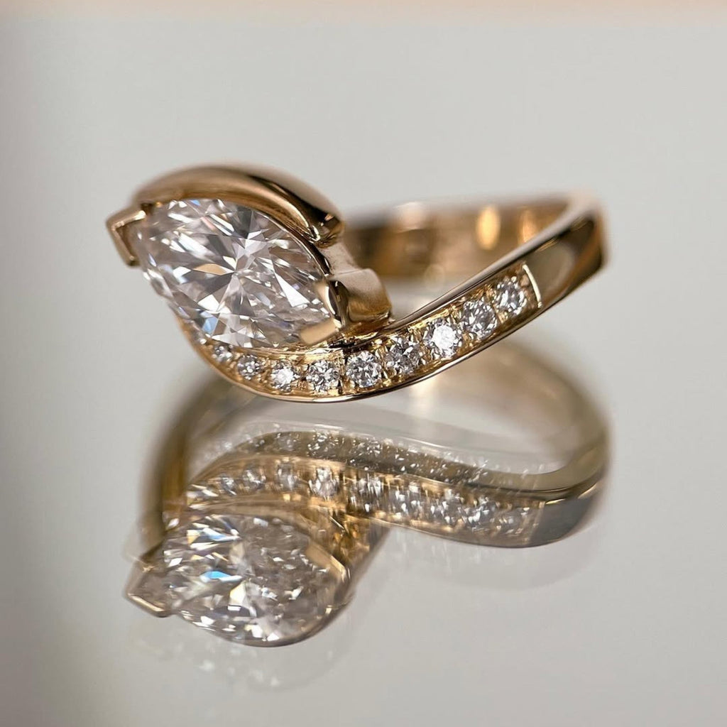 East West Marquise Moissanite Engagement Ring V Prong Wedding Ring