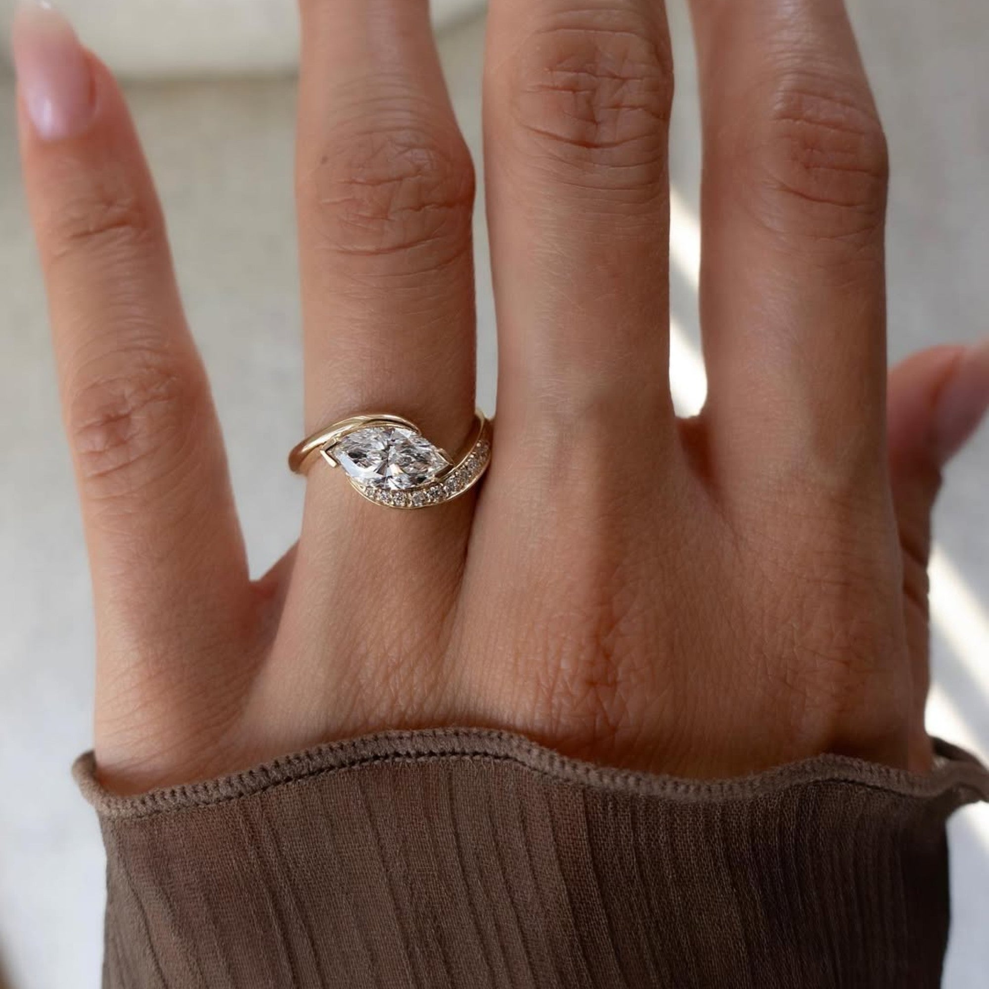 East West Marquise Moissanite Engagement Ring V Prong Wedding Ring