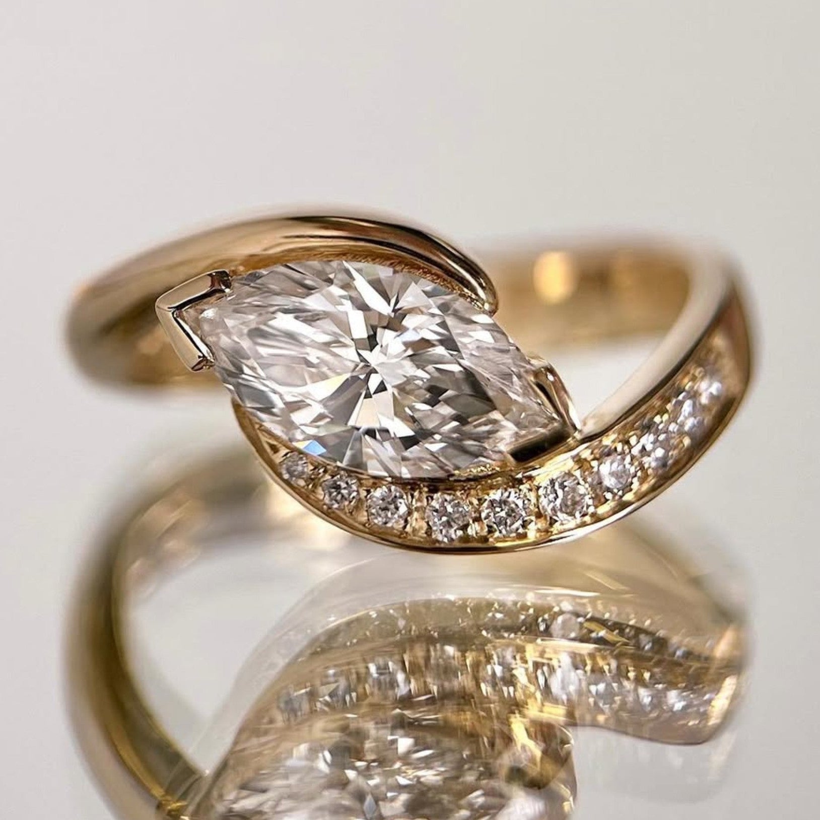East West Marquise Moissanite Engagement Ring V Prong Wedding Ring