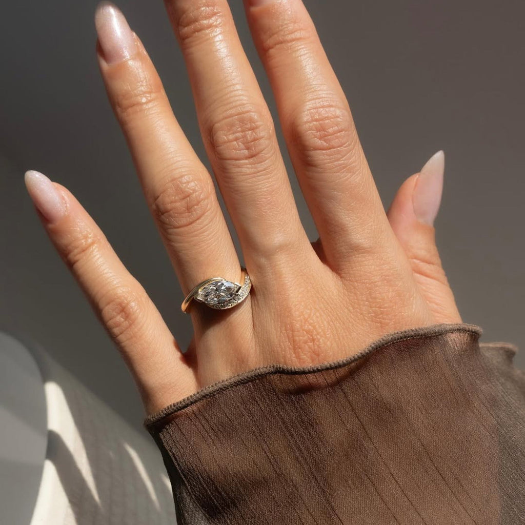 East West Marquise Moissanite Engagement Ring V Prong Wedding Ring