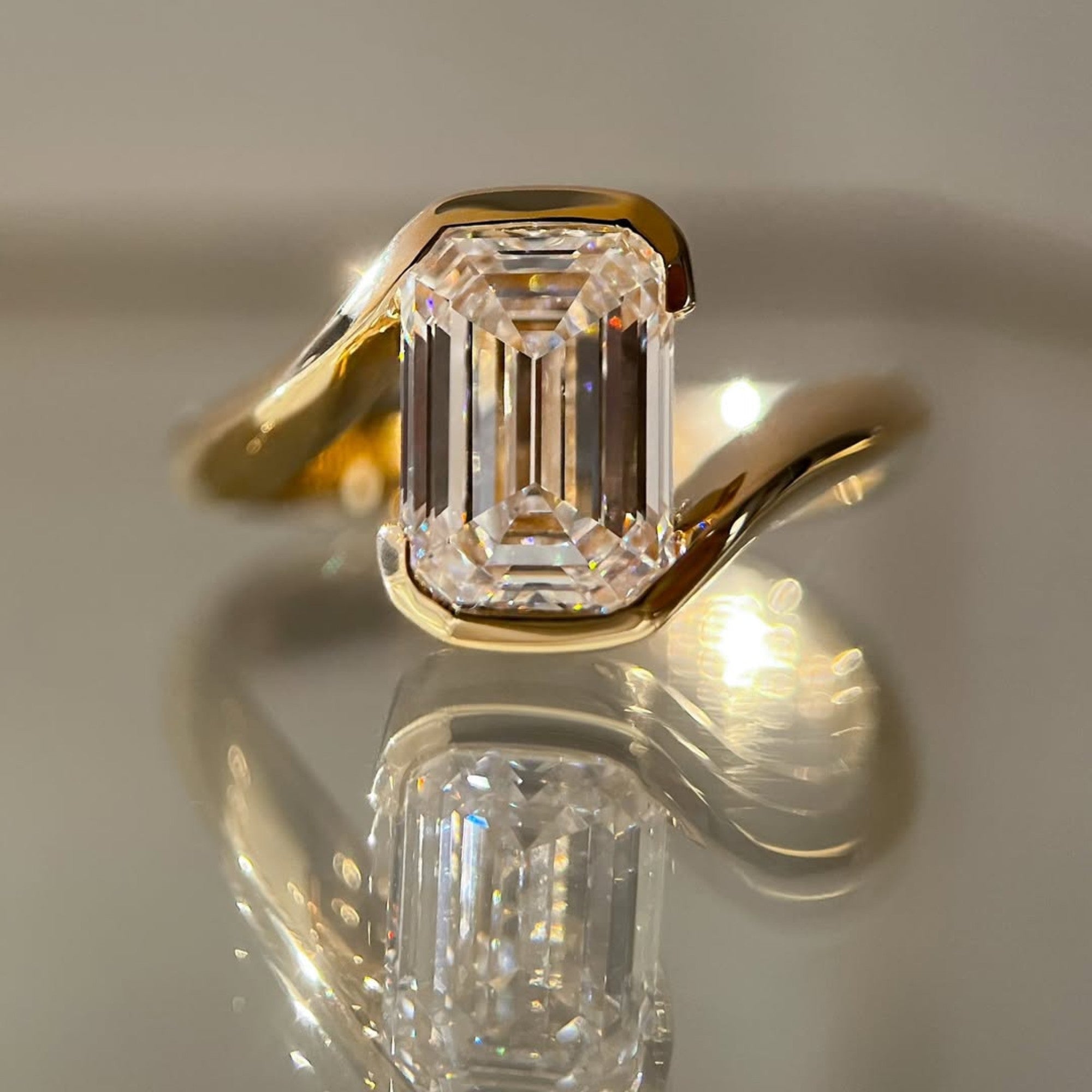 Emerald Moissanite Engagement Ring Bypass Half Bezel Wedding Ring