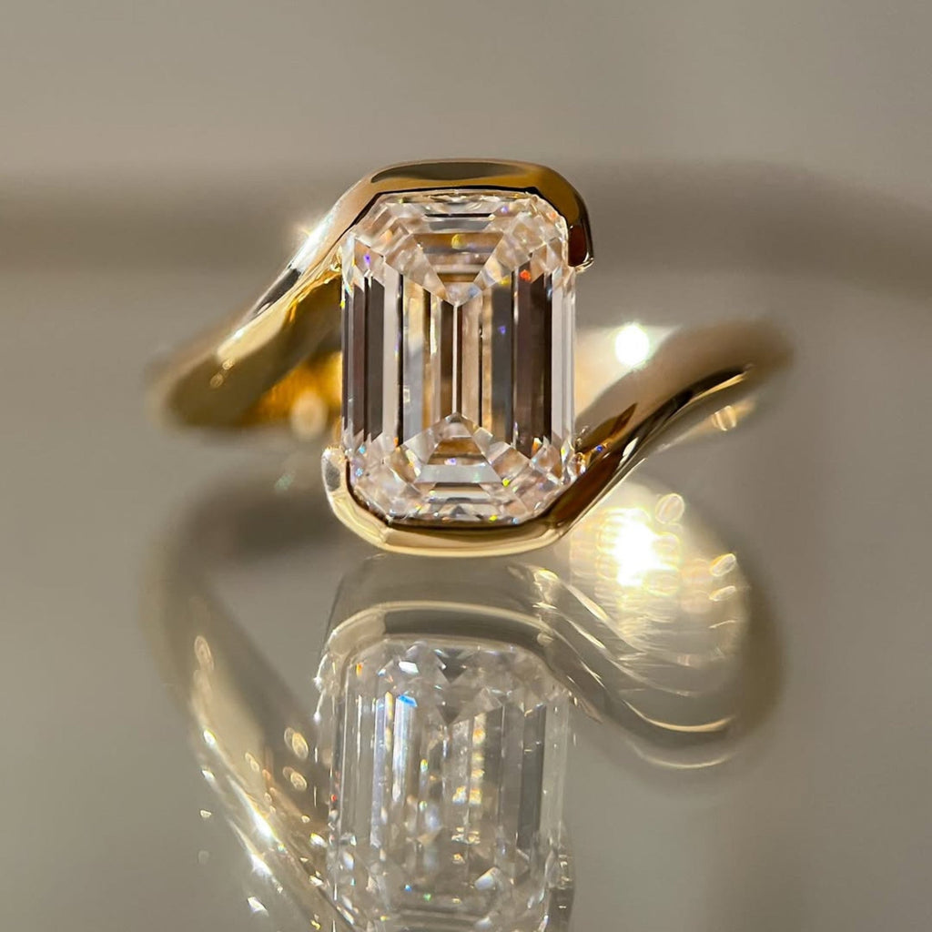 Emerald Lab Grown Engagement Ring Bypass Half Bezel Wedding Ring