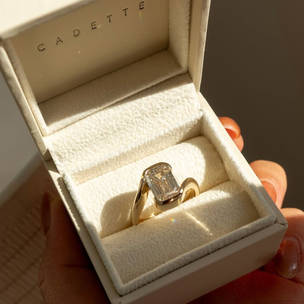 Emerald Lab Grown Engagement Ring Bypass Half Bezel Wedding Ring