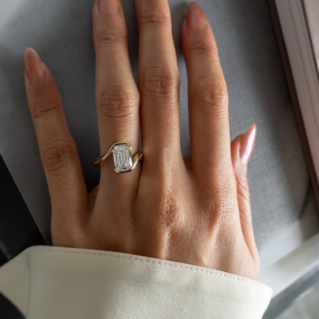 Emerald Lab Grown Engagement Ring Bypass Half Bezel Wedding Ring