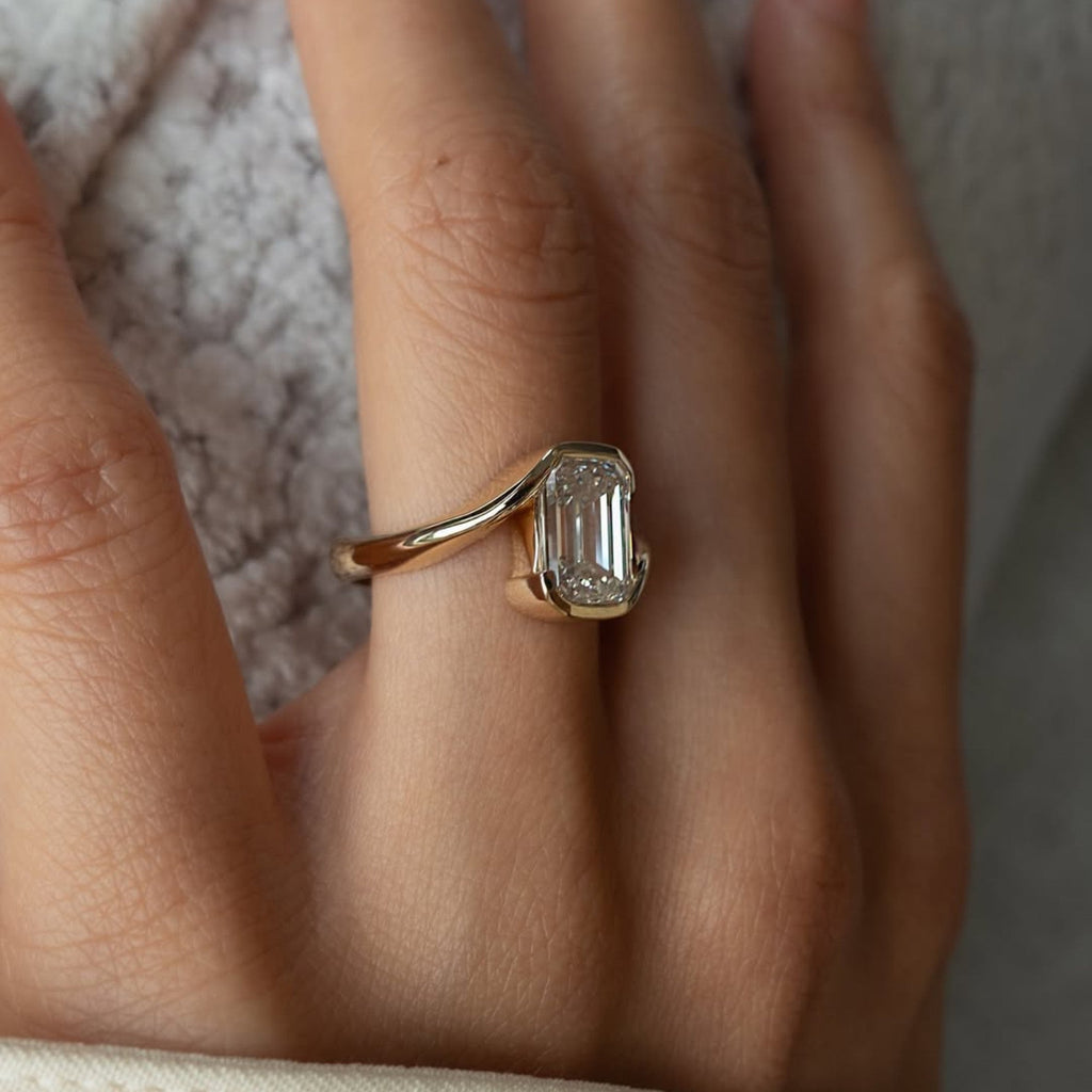 Emerald Lab Grown Engagement Ring Bypass Half Bezel Wedding Ring