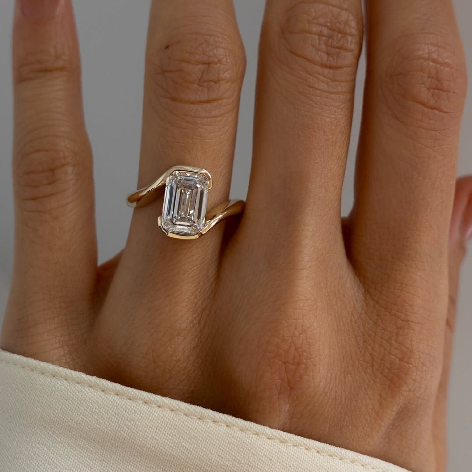 Emerald Lab Grown Engagement Ring Bypass Half Bezel Wedding Ring