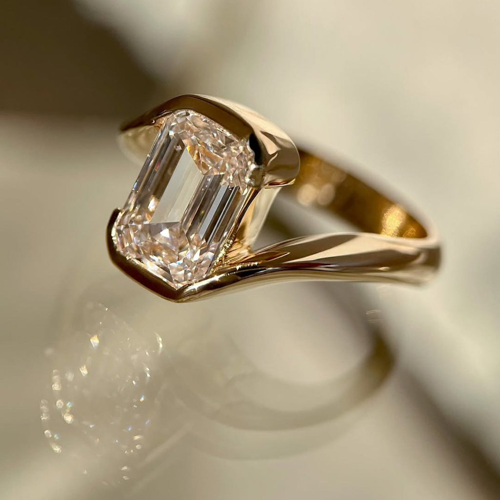 Emerald Lab Grown Engagement Ring Bypass Half Bezel Wedding Ring