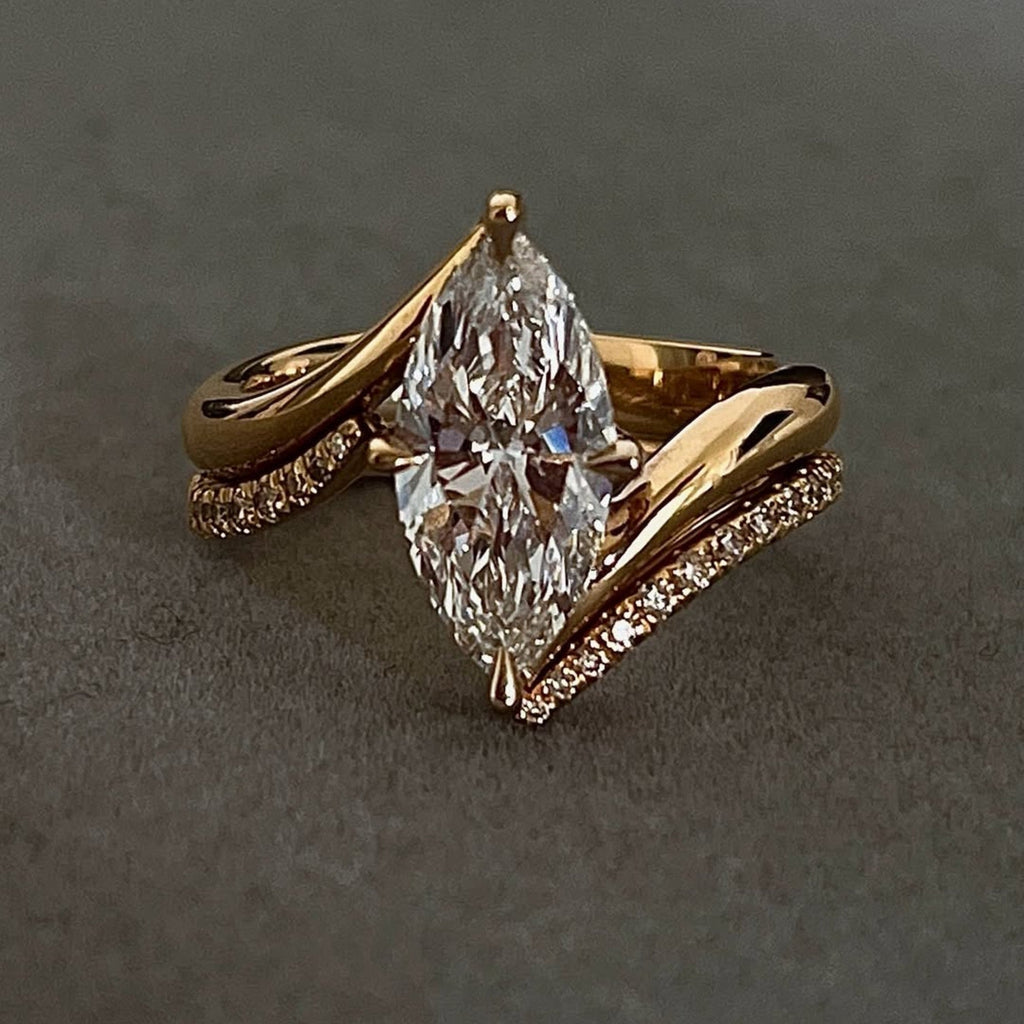 Marquise Lab Grown Engagement Ring Set Solid Gold Wedding Bridal Set