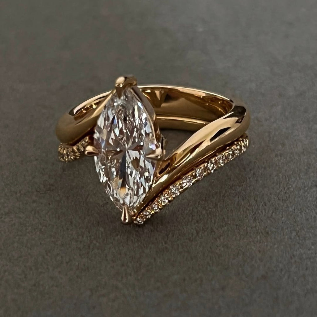 Marquise Lab Grown Engagement Ring Set Solid Gold Wedding Bridal Set