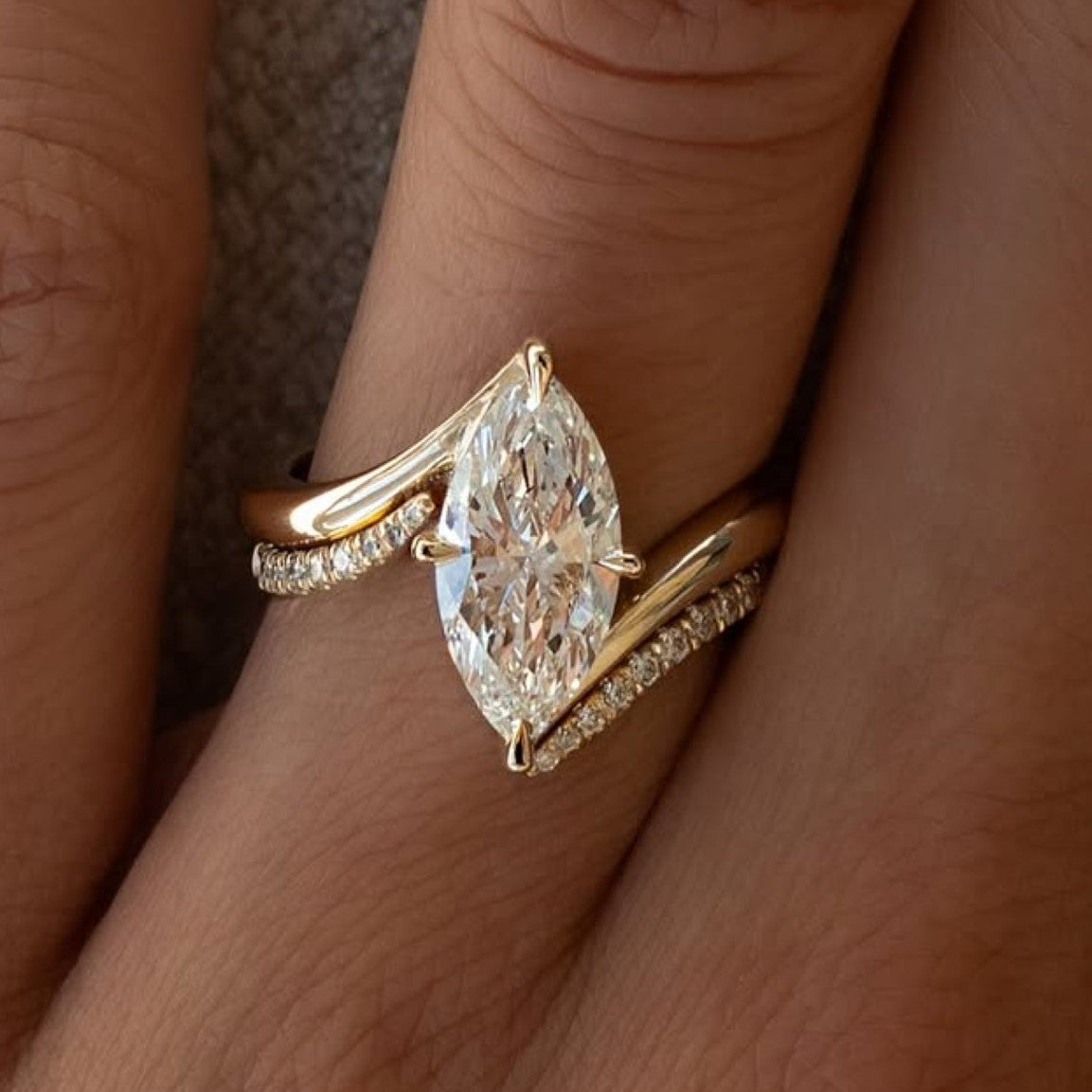 Marquise Moissanite Engagement Ring Set Solid Gold Wedding Bridal Set