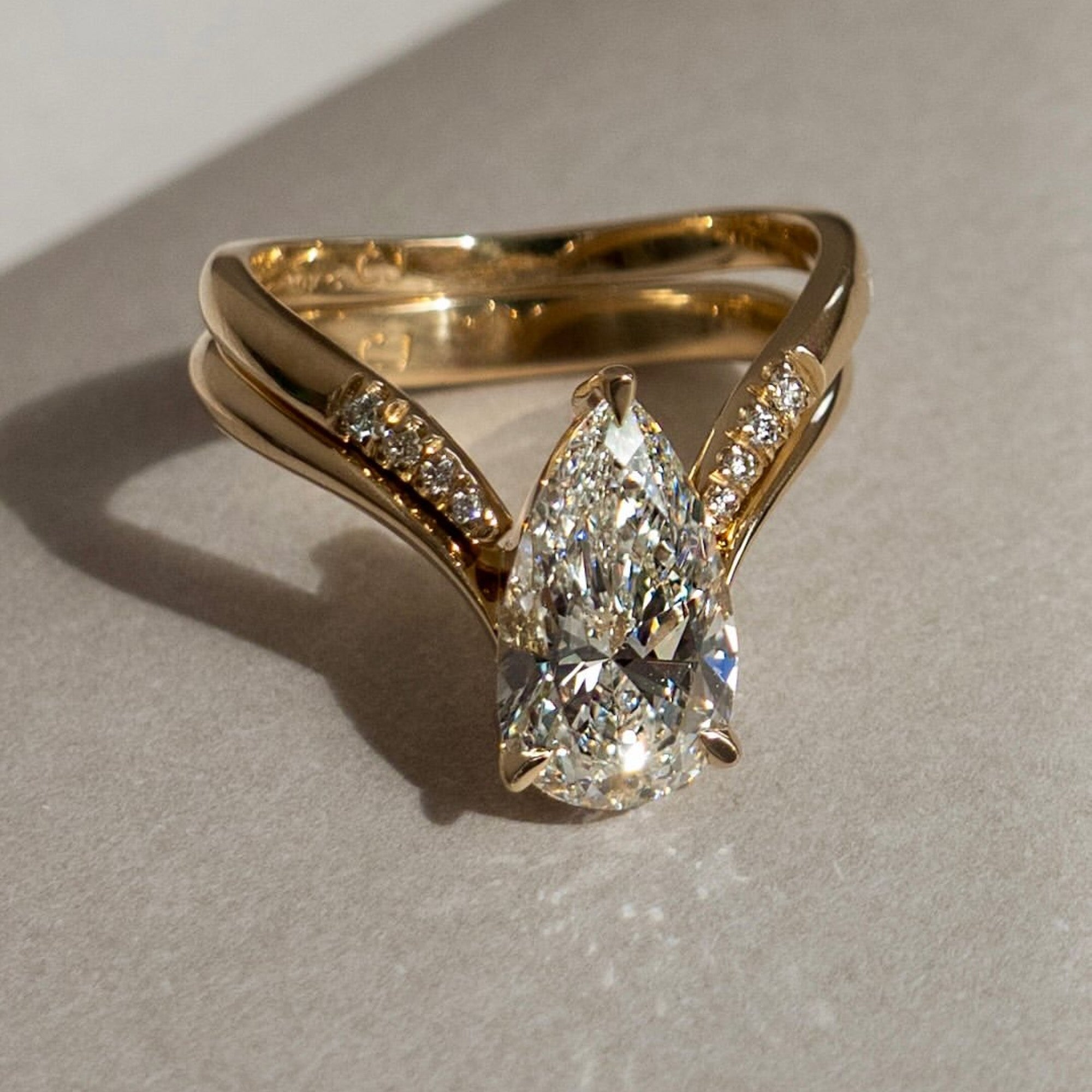 Pear Cut Lab Grown Engagement Ring Set Curve Band Gold Bridal Set