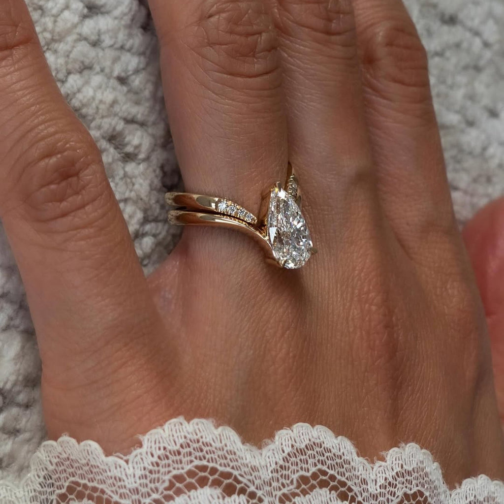Pear Cut Lab Grown Engagement Ring Set Curve Band Gold Bridal Set