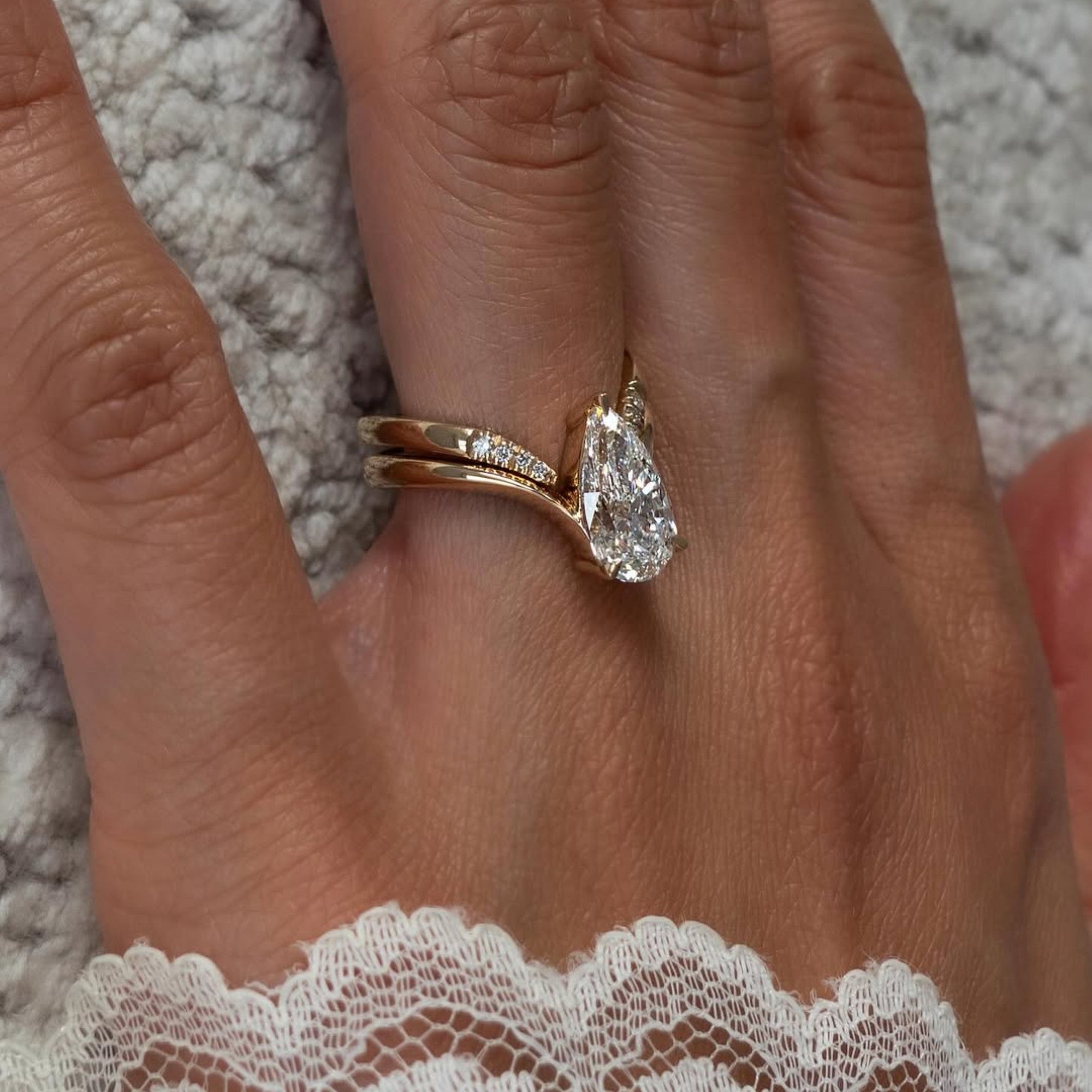 Pear Cut Lab Grown Engagement Ring Set Curve Band Gold Bridal Set