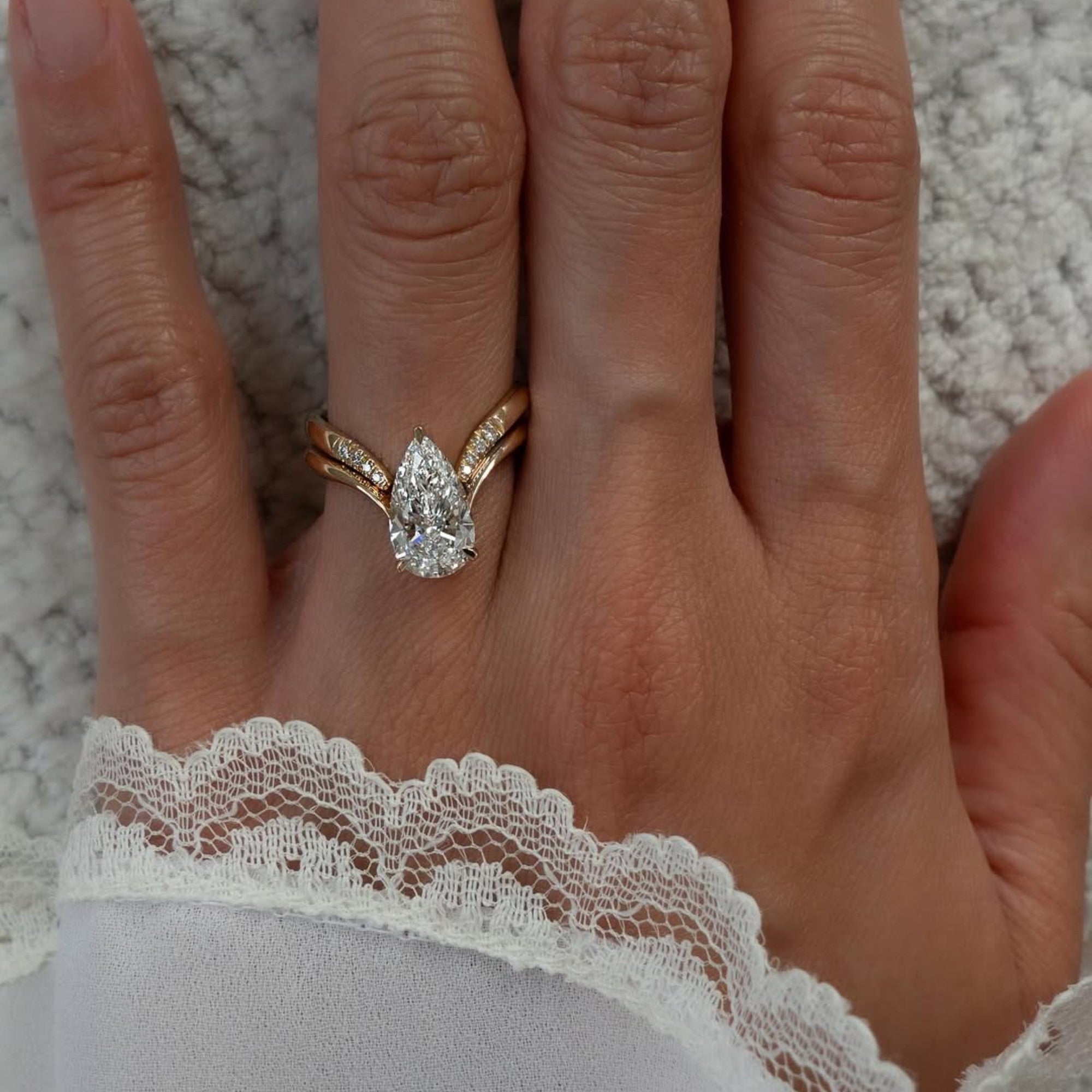 Pear Cut Lab Grown Engagement Ring Set Curve Band Gold Bridal Set