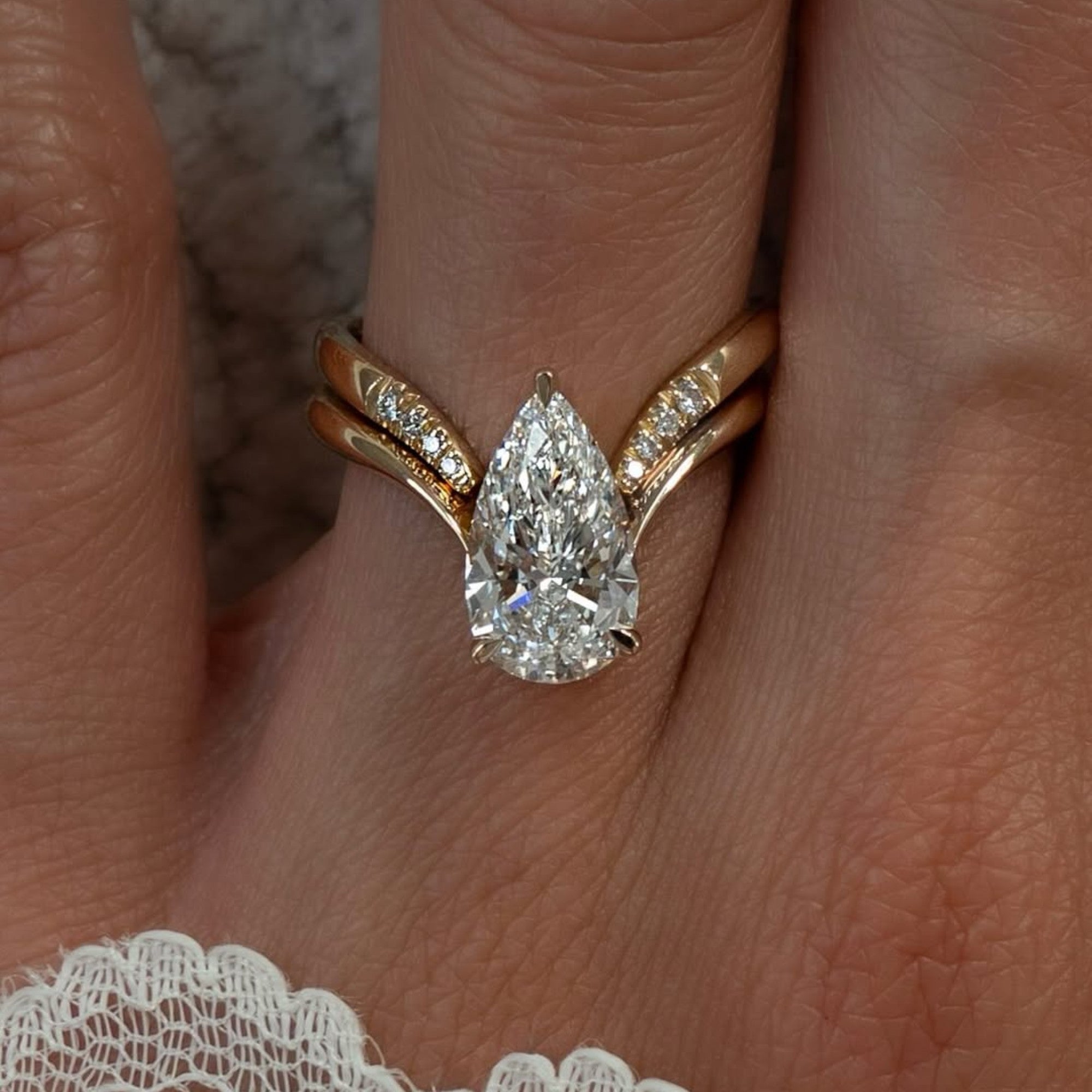 Pear Cut Moissanite Engagement Ring Set Curve Band Gold Bridal Set