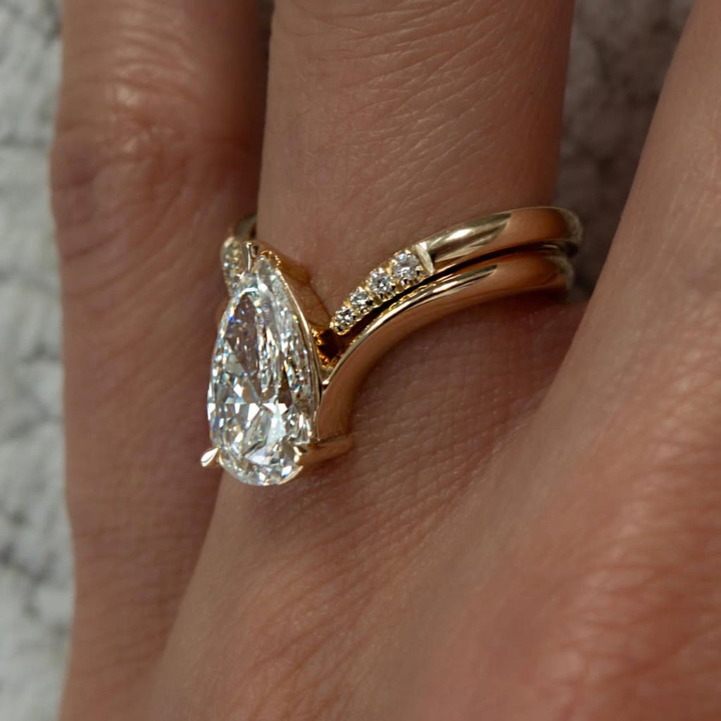 Pear Cut Lab Grown Engagement Ring Set Curve Band Gold Bridal Set