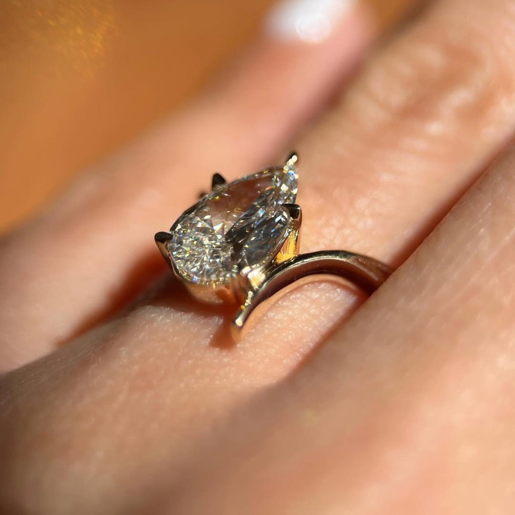 Pear Cut Lab Grown Engagement Ring Bypass Gold Wedding Ring