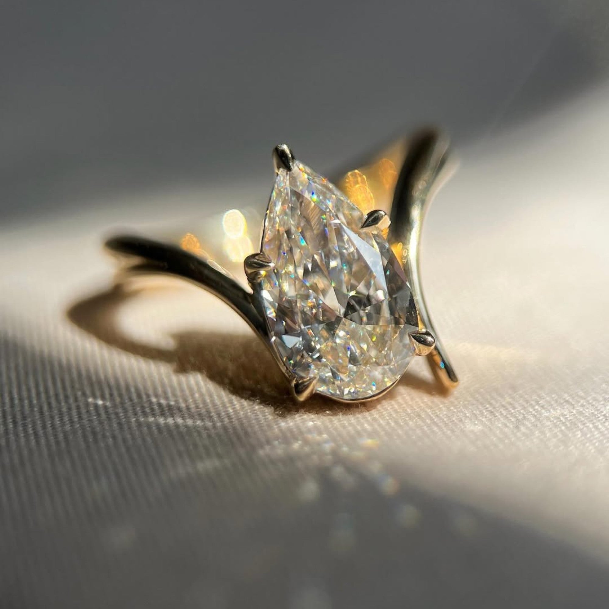 Pear Cut Lab Grown Engagement Ring Bypass Gold Wedding Ring