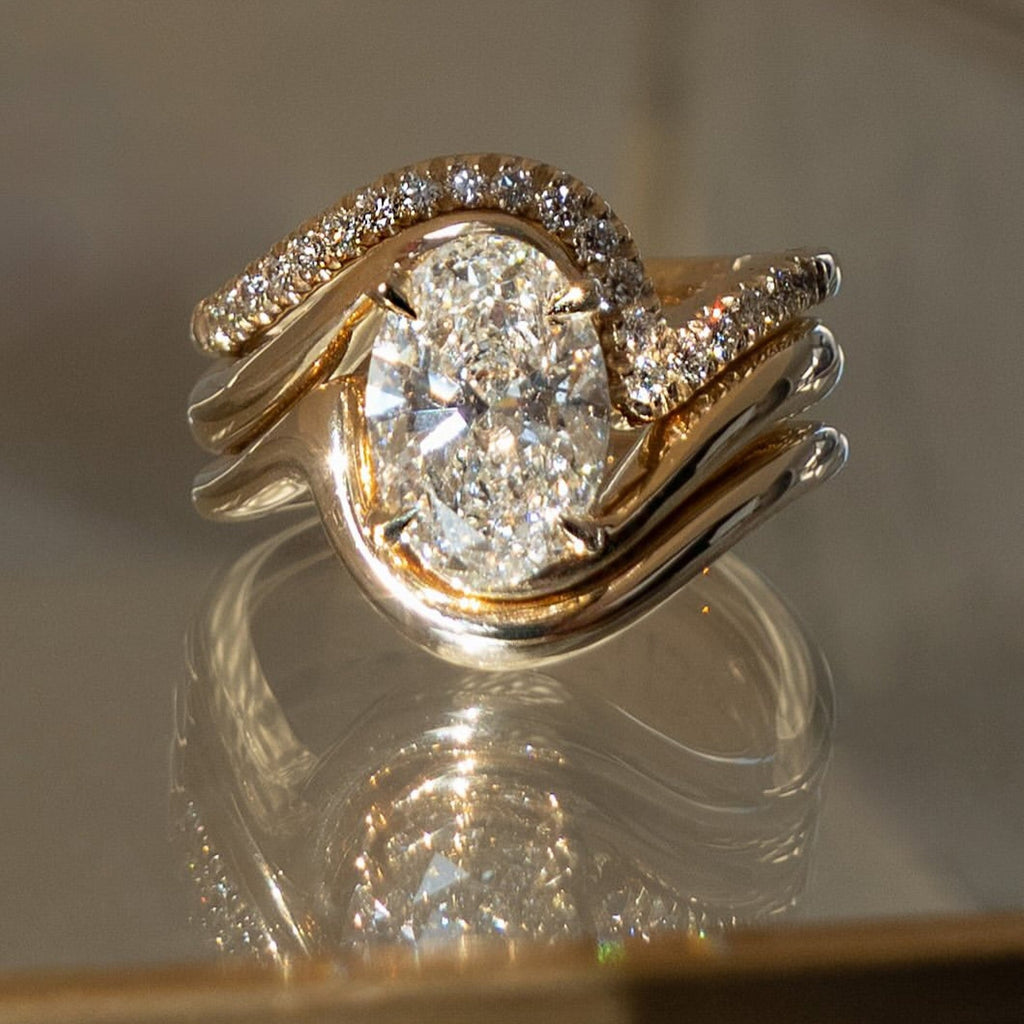 Oval Cut Lab Grown Engagement Ring Set Trio Band Wedding Bridal Set