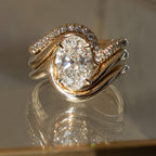 Oval Cut Lab Grown Engagement Ring Set Trio Band Wedding Bridal Set